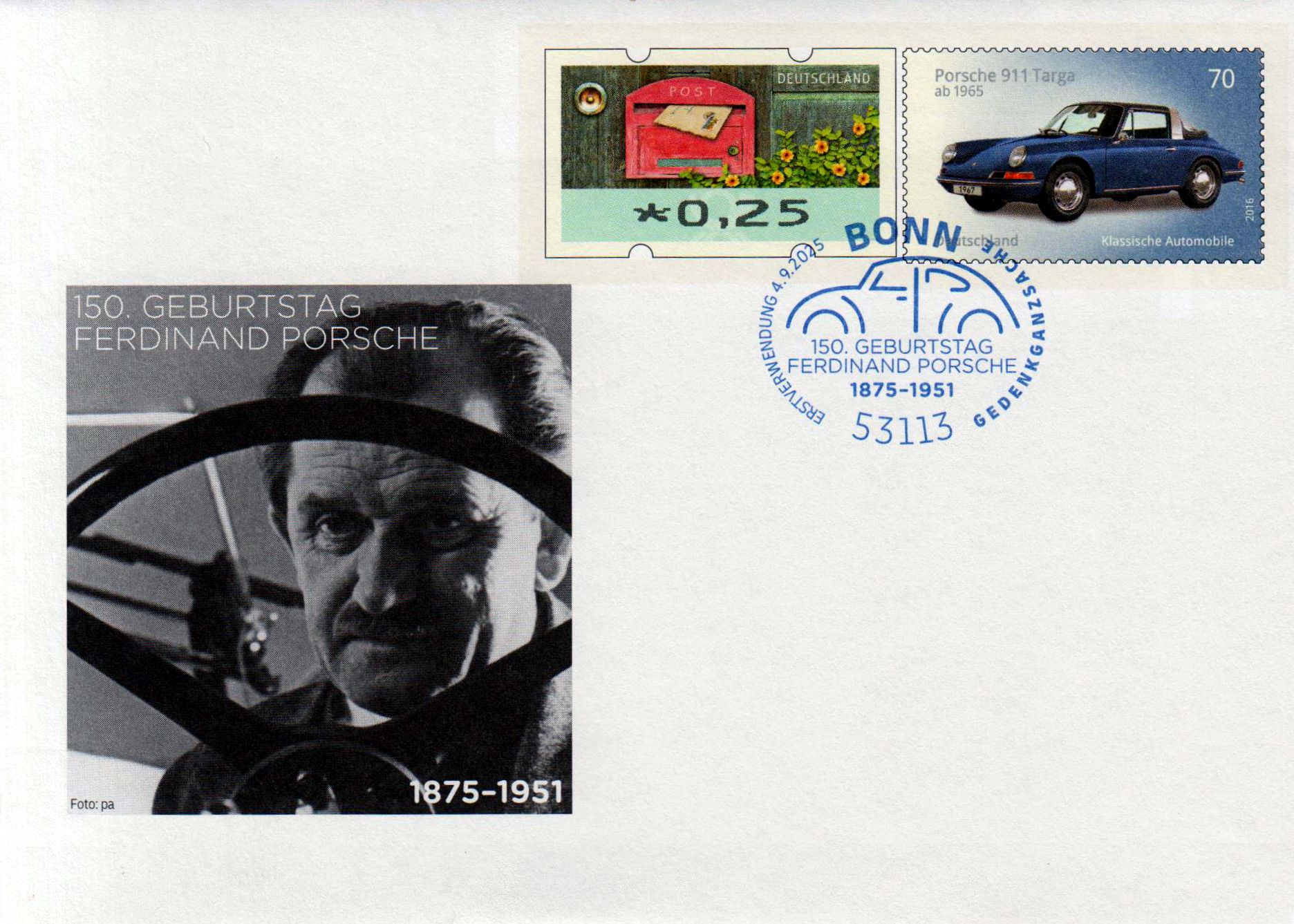 150. Geburtstag Ferdinand Porsche 2025, mit Erstverwendungsstempel Bonn