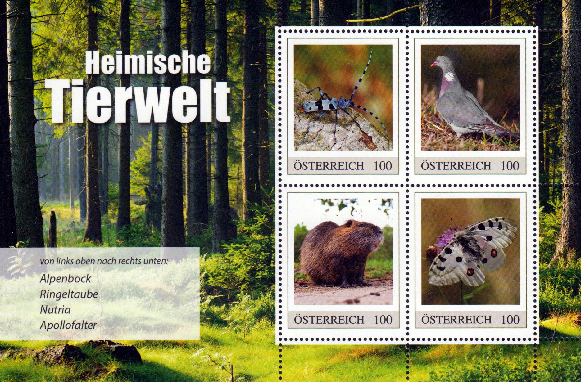 Block: Heimische Tierwelt 2026, Alpenbock, Ringeltaube, Nutria, Apollofalter, Markenedition 4