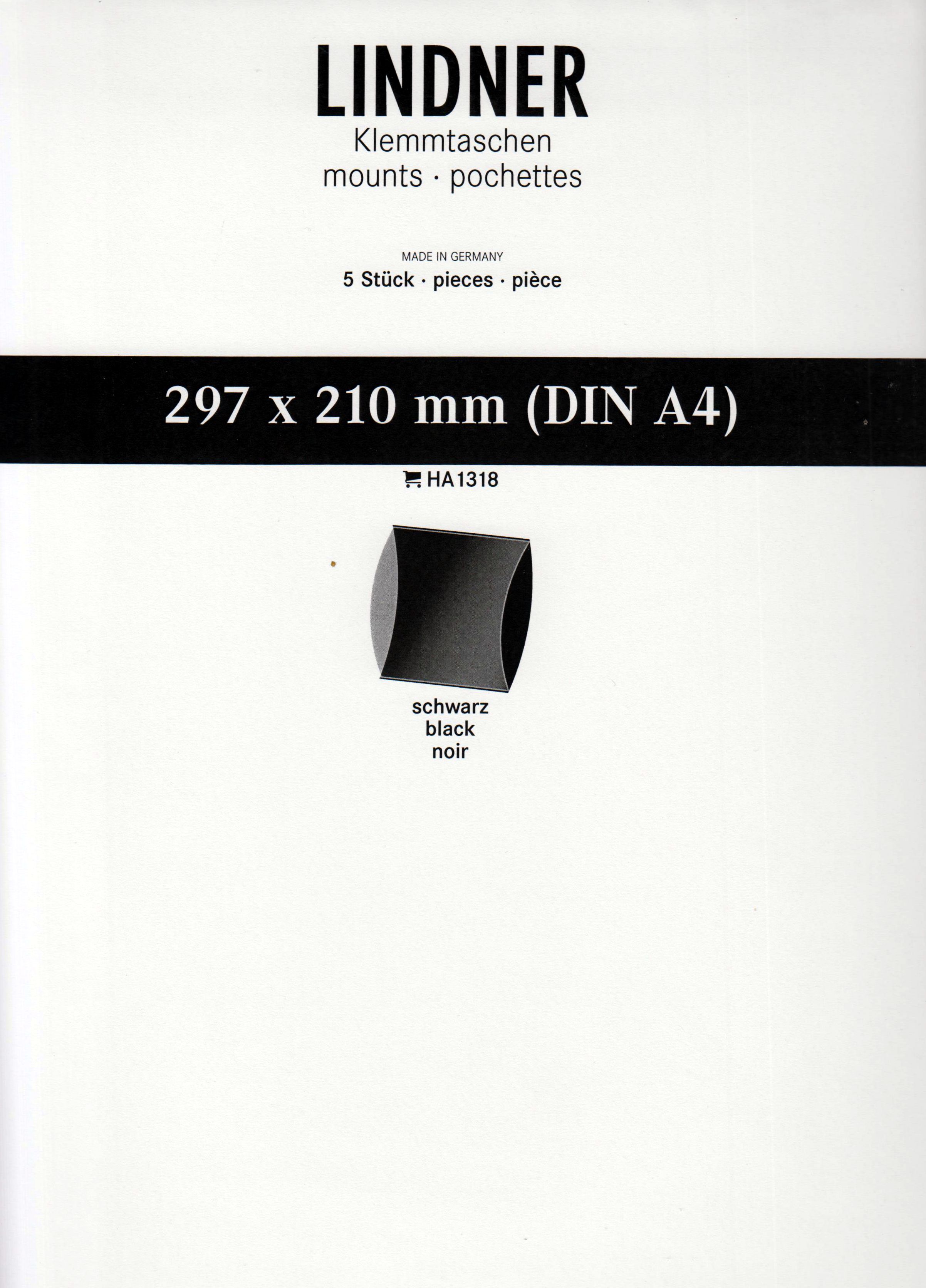 Lindner Klemmtaschen "Blockstreifen" HA1318, zu 5 Stück 297 x 210 mm, schwarz (DINA4)