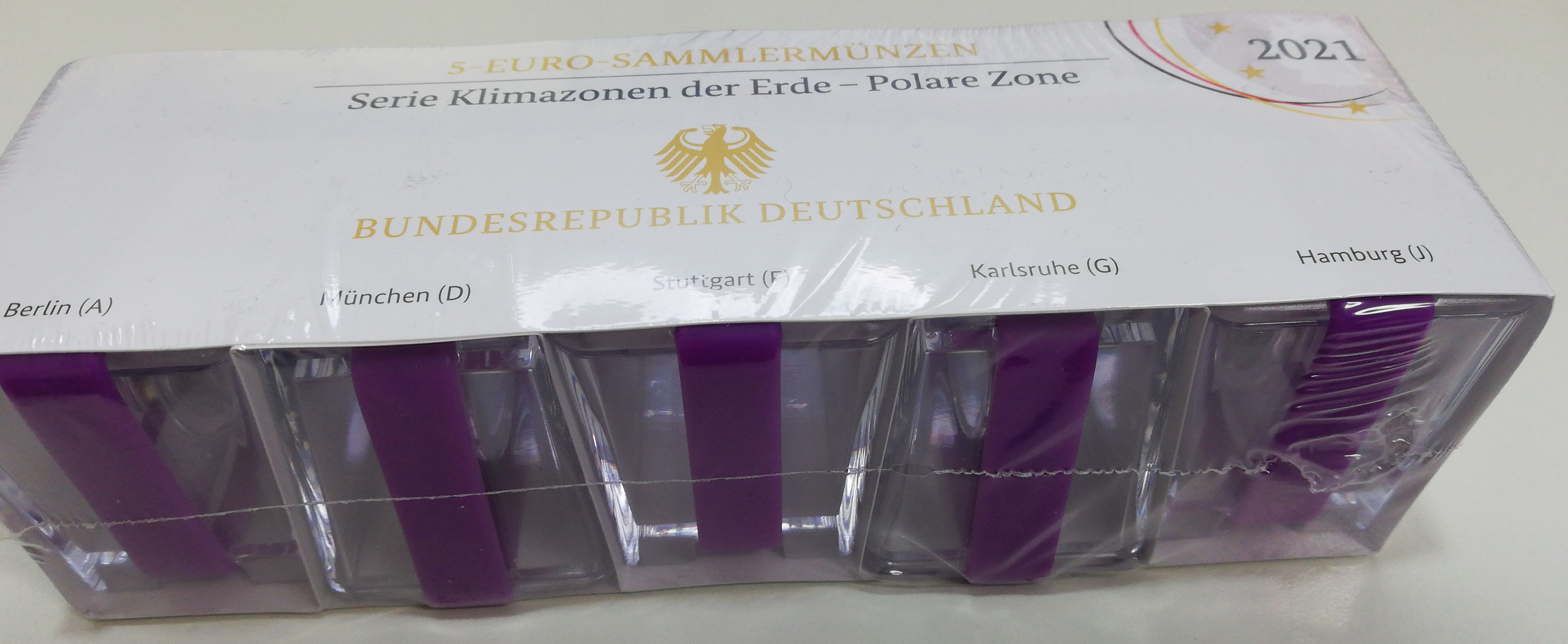 5 Euro "Polare Zone 2021" mit Polymerring, kompletter Satz aller 5 Prägestätten PP