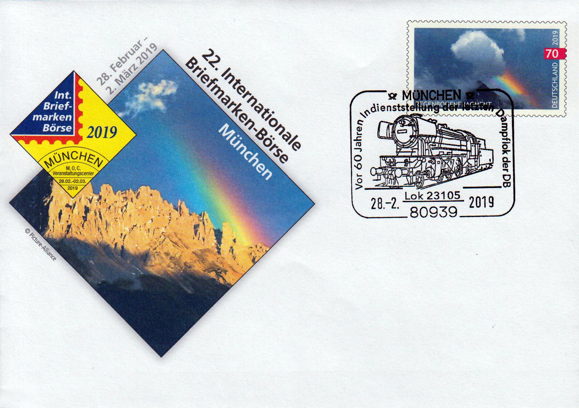 Briefmarken-Börse München 2019, mit SSt "Lok 23105, Dampflok der DB", 28.2.2019