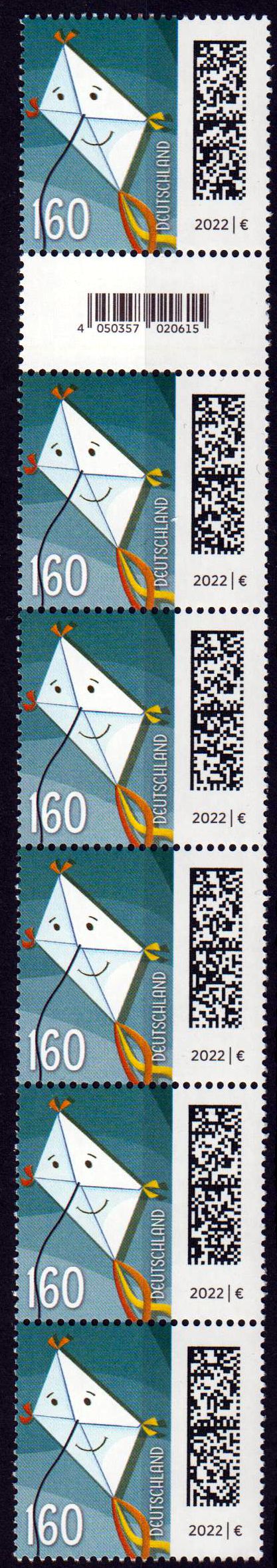 Briefdrachen 2022  6er Streifen Rollenübergang EAN Code 020615