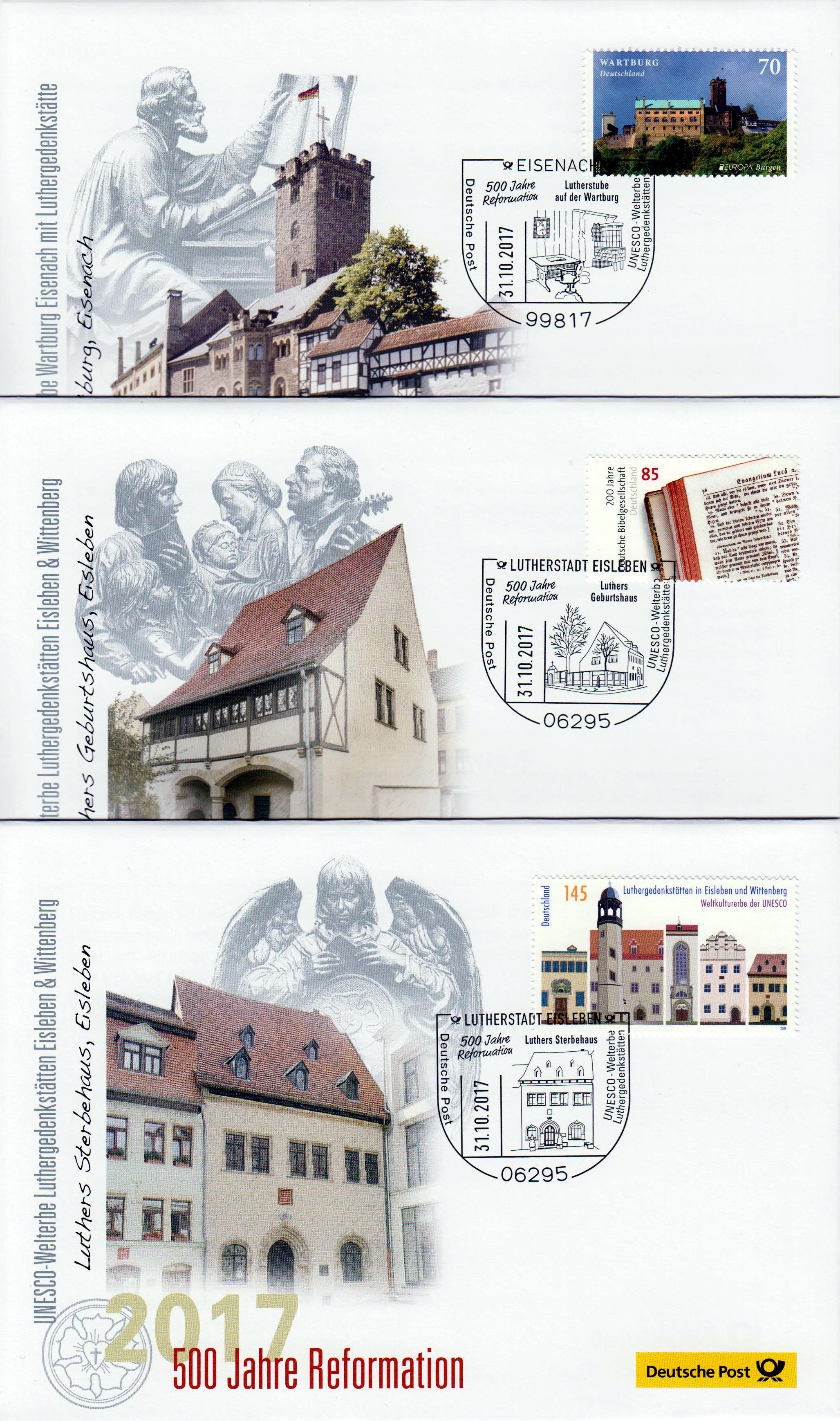 Offiz. Philatelistisches Brief-Set "500 Jahre Reformation 2017" mit 7 Sonderbelegen "Gedenkstätten Luther" und 7 SSt