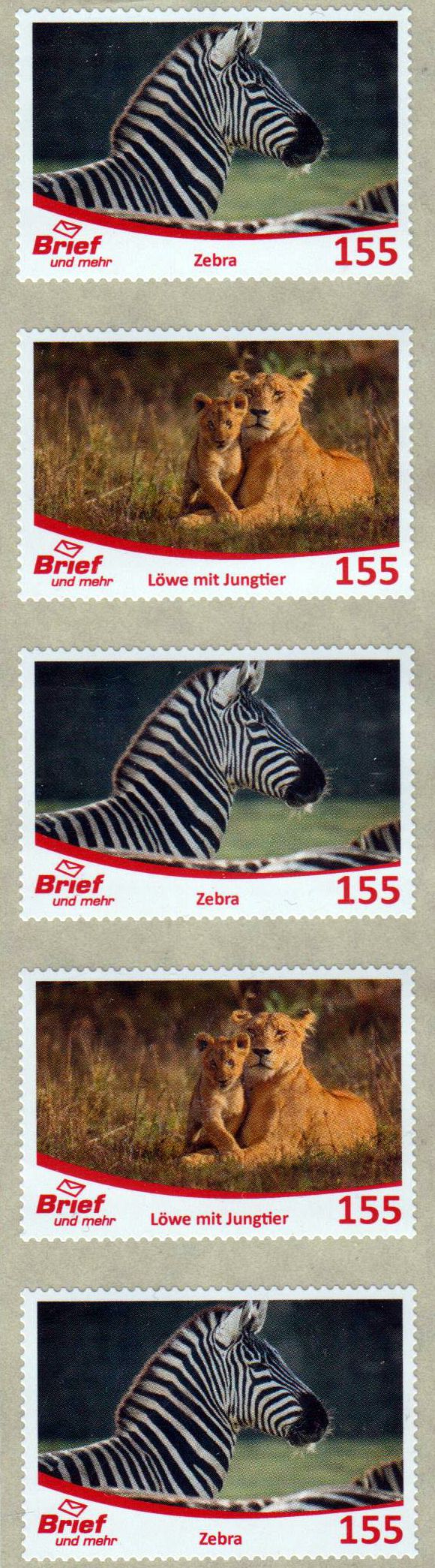 Zootiere 2022, Löwen und Zebra (155ct) als 5er-Streifen, gestempelt