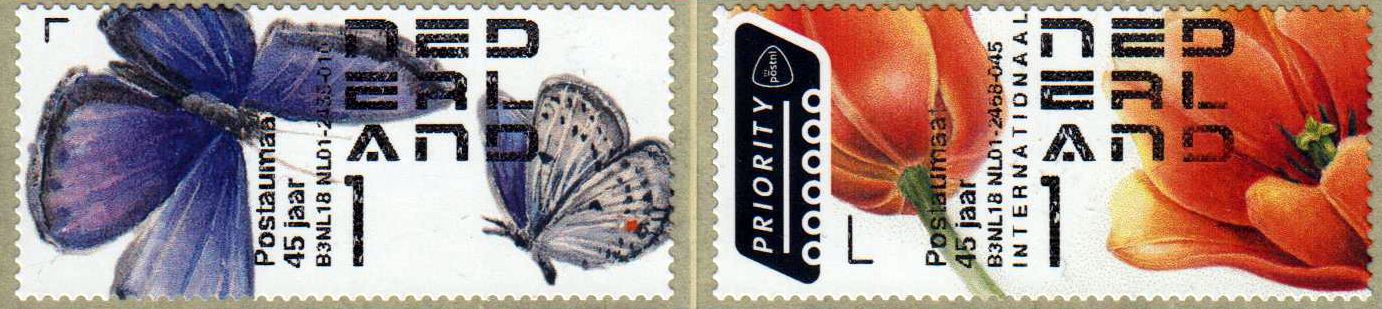 Schmetterlinge und Blumen, Aufdruck "Postaumaat 45 jaar" 2018