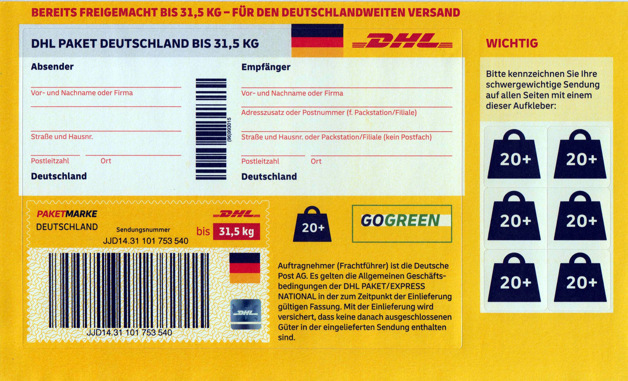 DHL Paket Deutschland bis 31,5 kg, mit Hologramm und 20+ Aufklebern 2025