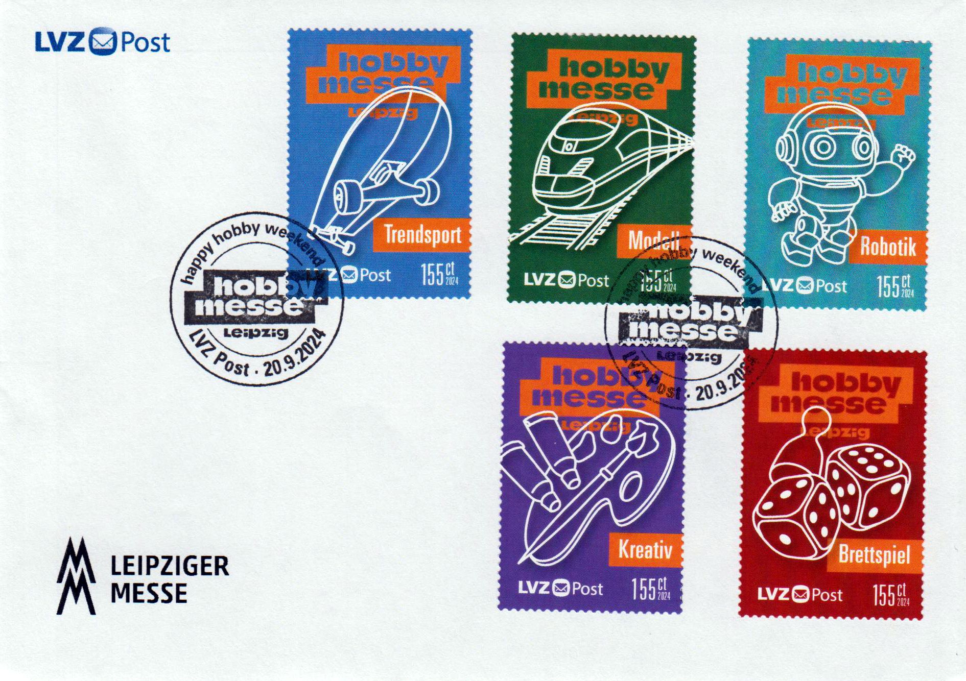hobby-messe Leipzig 2024, alle 5 Werte auf offiziell gestaltetem FDC der LVZ-Post