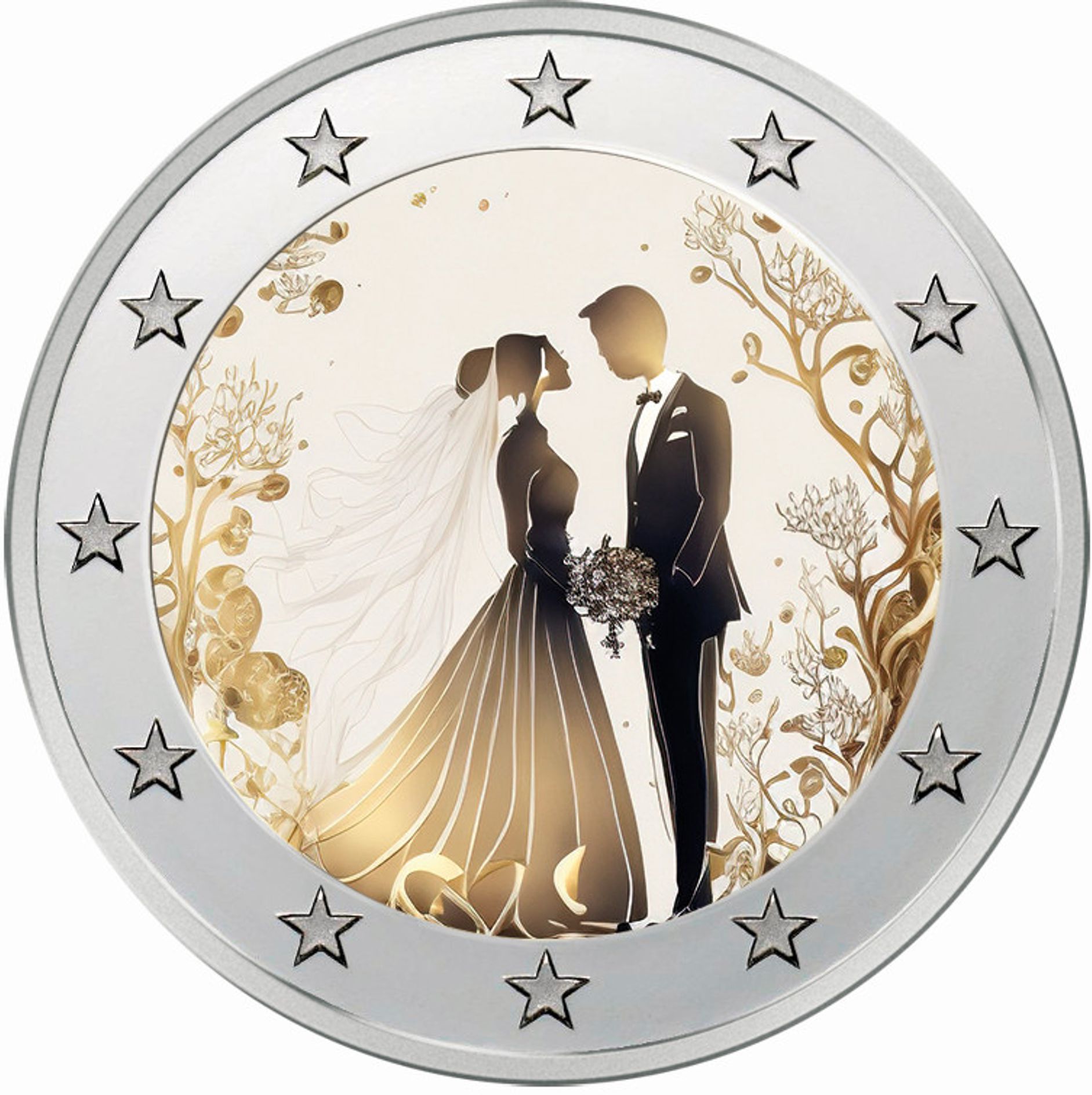 2 Euro Münze coloriert "Zur Hochzeit" in Coincard!