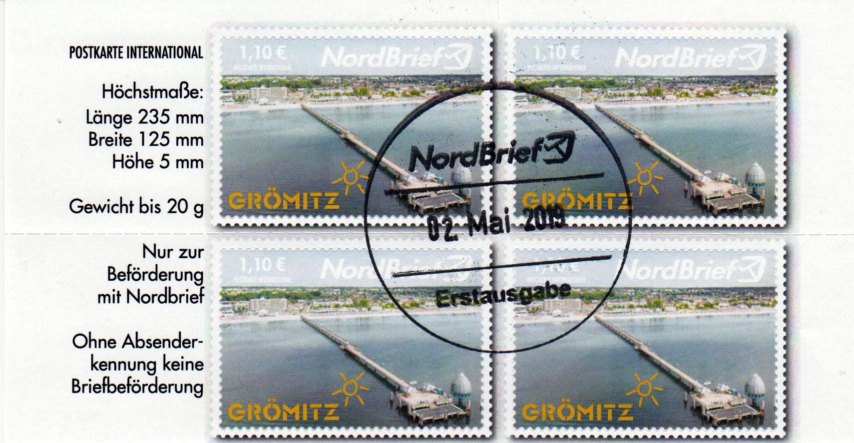 Grömitz 2019, 110 ct, International, als Viererblock gestempelt 2.5.19