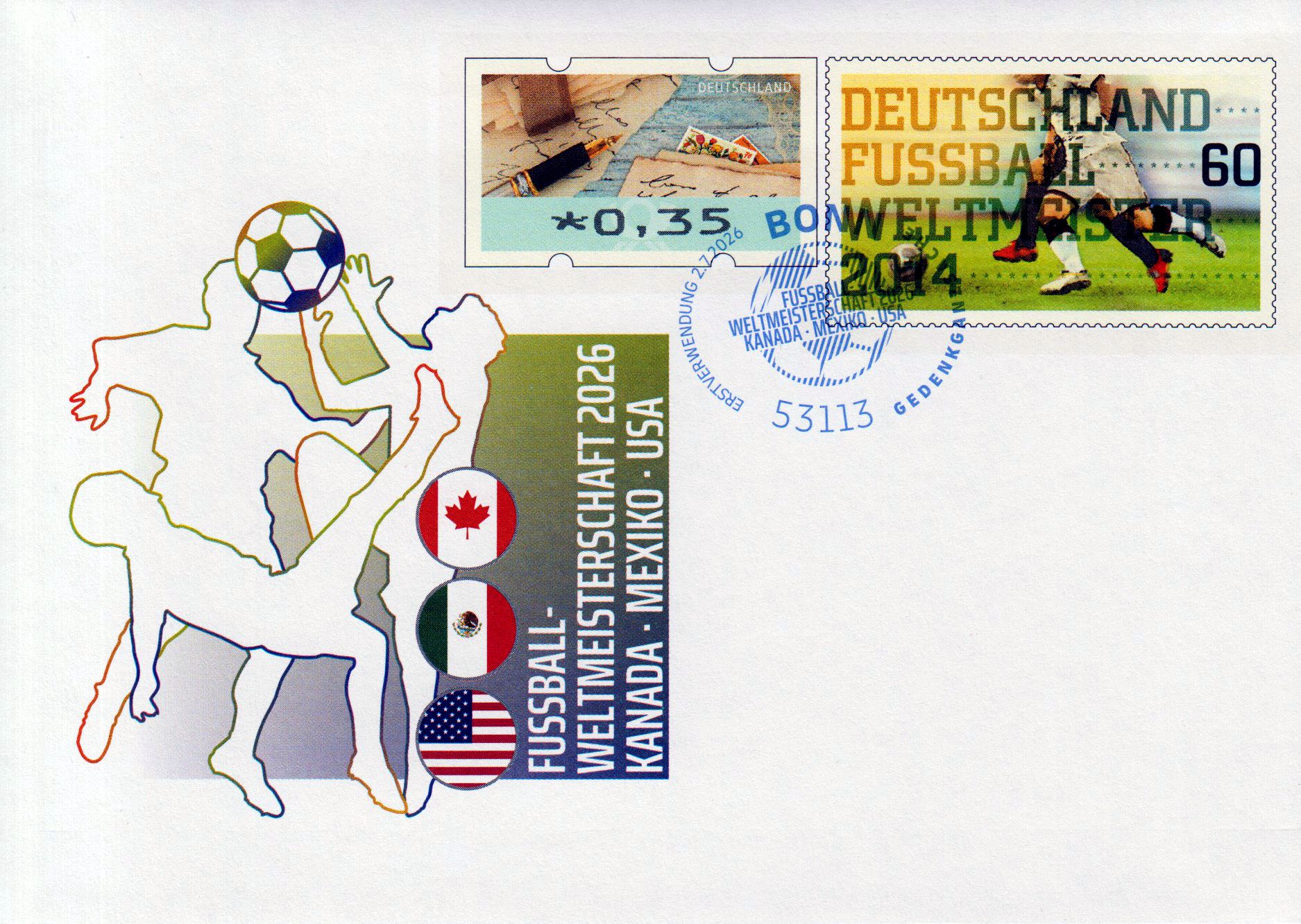 Fussball-Weltmeisterschaft 2026, mit Erstverwendungsstempel Bonn