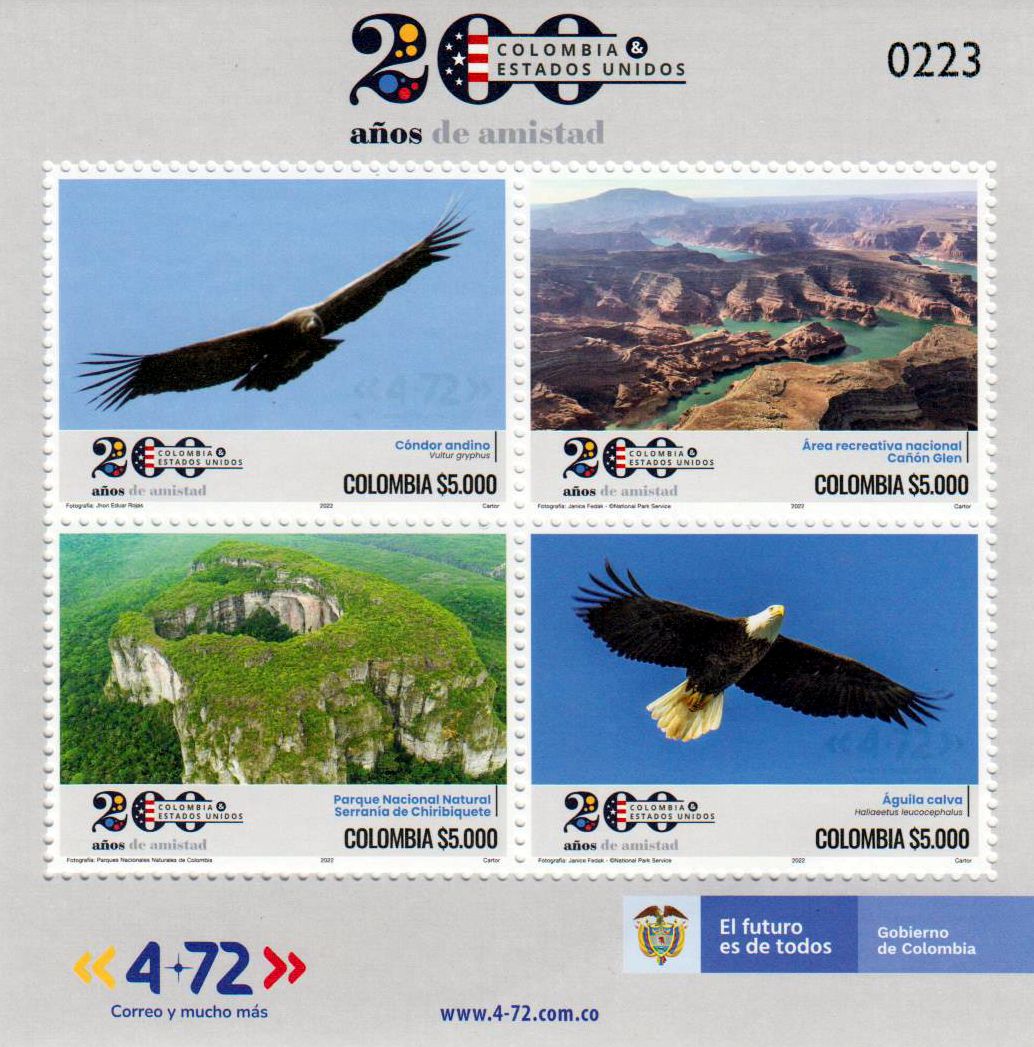 Block: 200 Jahre Dipl. Beziehungen mit USA 2022, Vögel, Landschaften