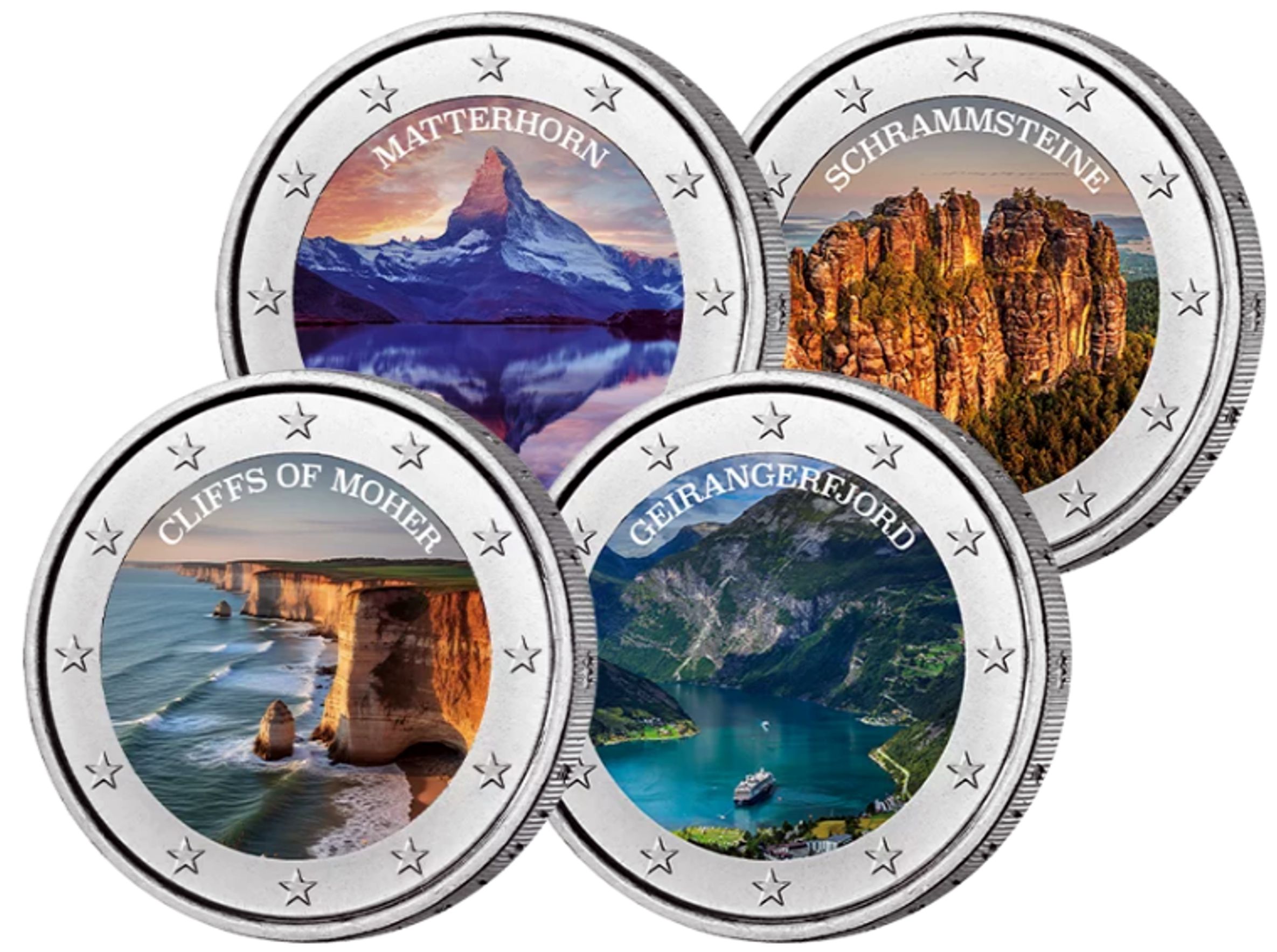 2 Euro Münzen coloriert "Europas Naturhighlights", Set zu 4 verschiedenen Farbapplikationen