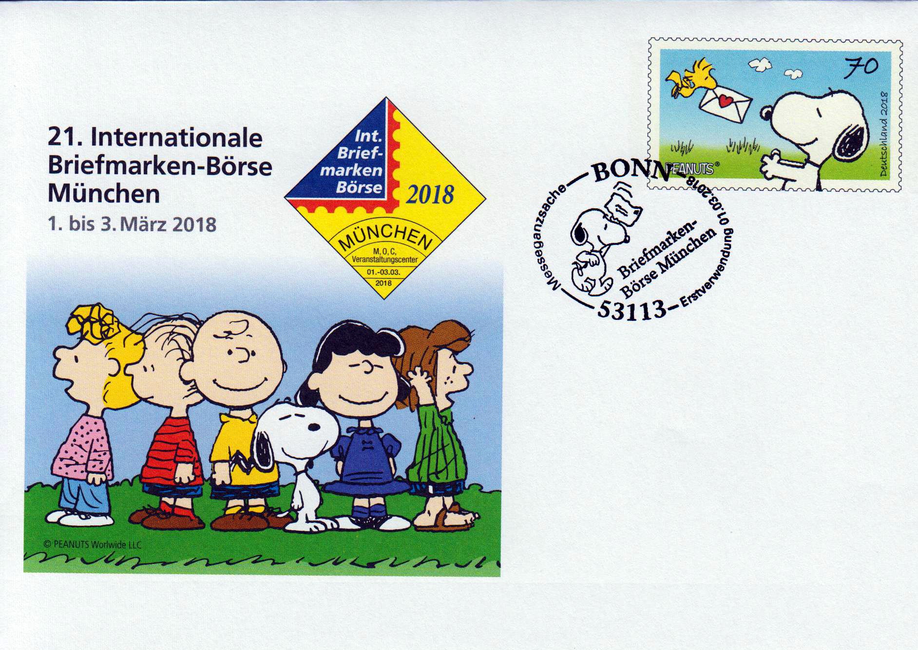 21. Briefmarken-Börse München 2018, mit Erstverwendungsstempel Bonn 1.3.2018