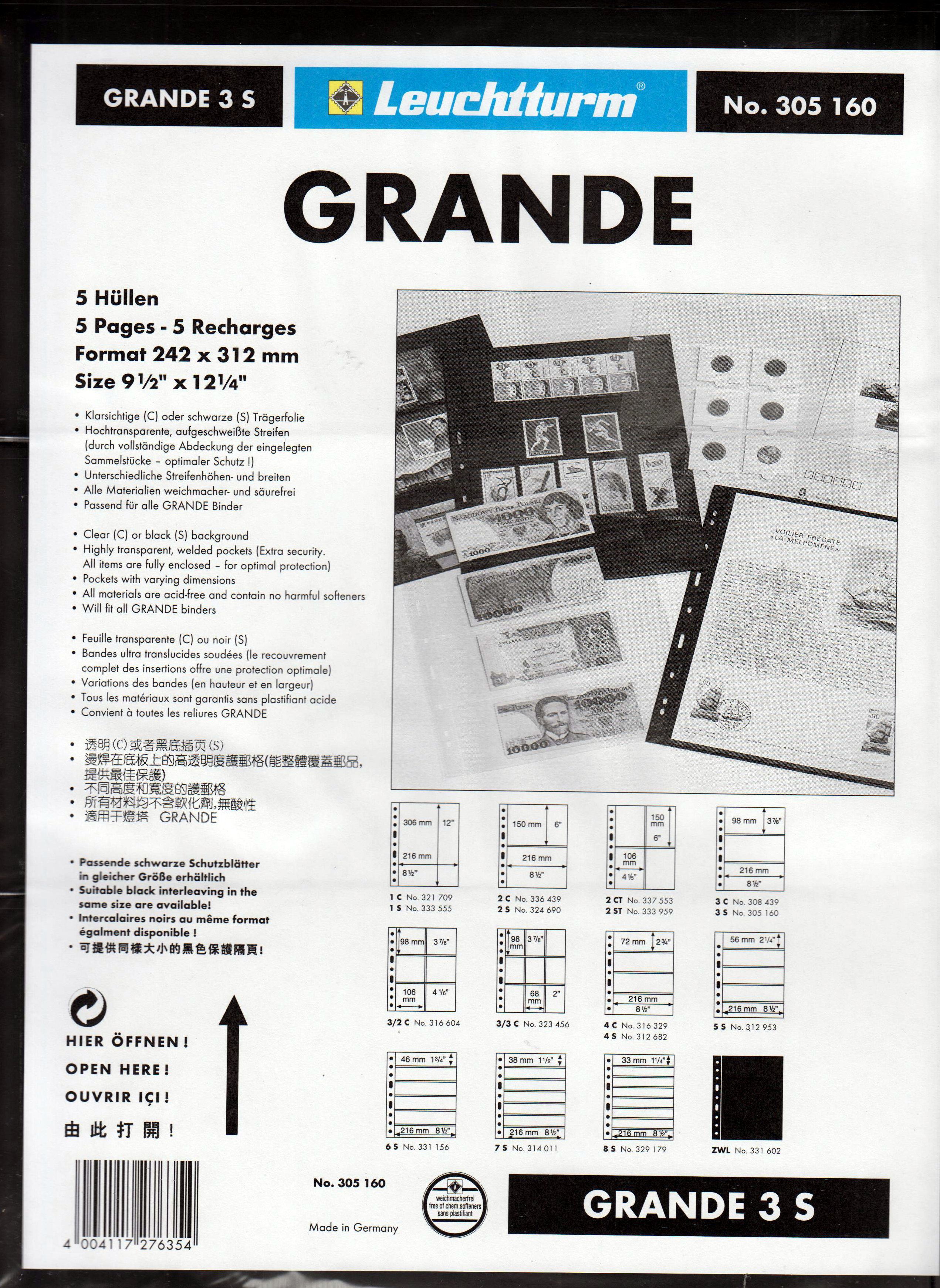 Leuchtturm, Kunststoffhüllen GRANDE 3 S, Pack zu 5 Hüllen schwarz, Nr. 305160
