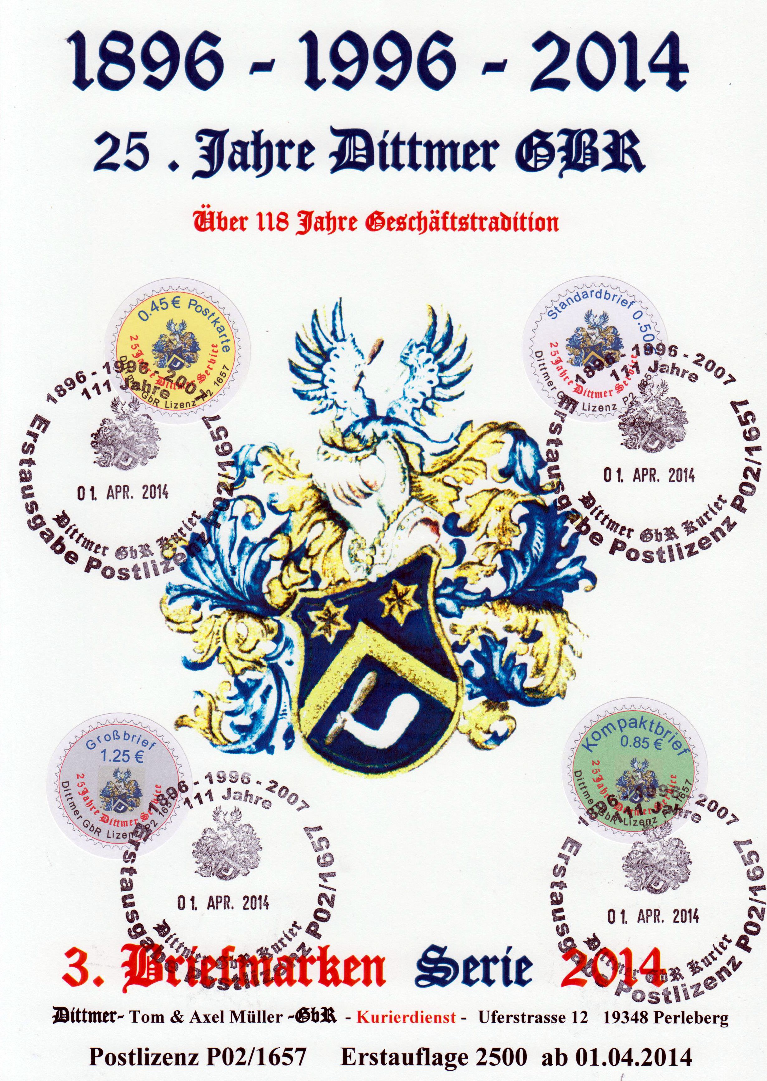 offizielle Ersttagskarte "25 Jahre Dittmer Service" 2014