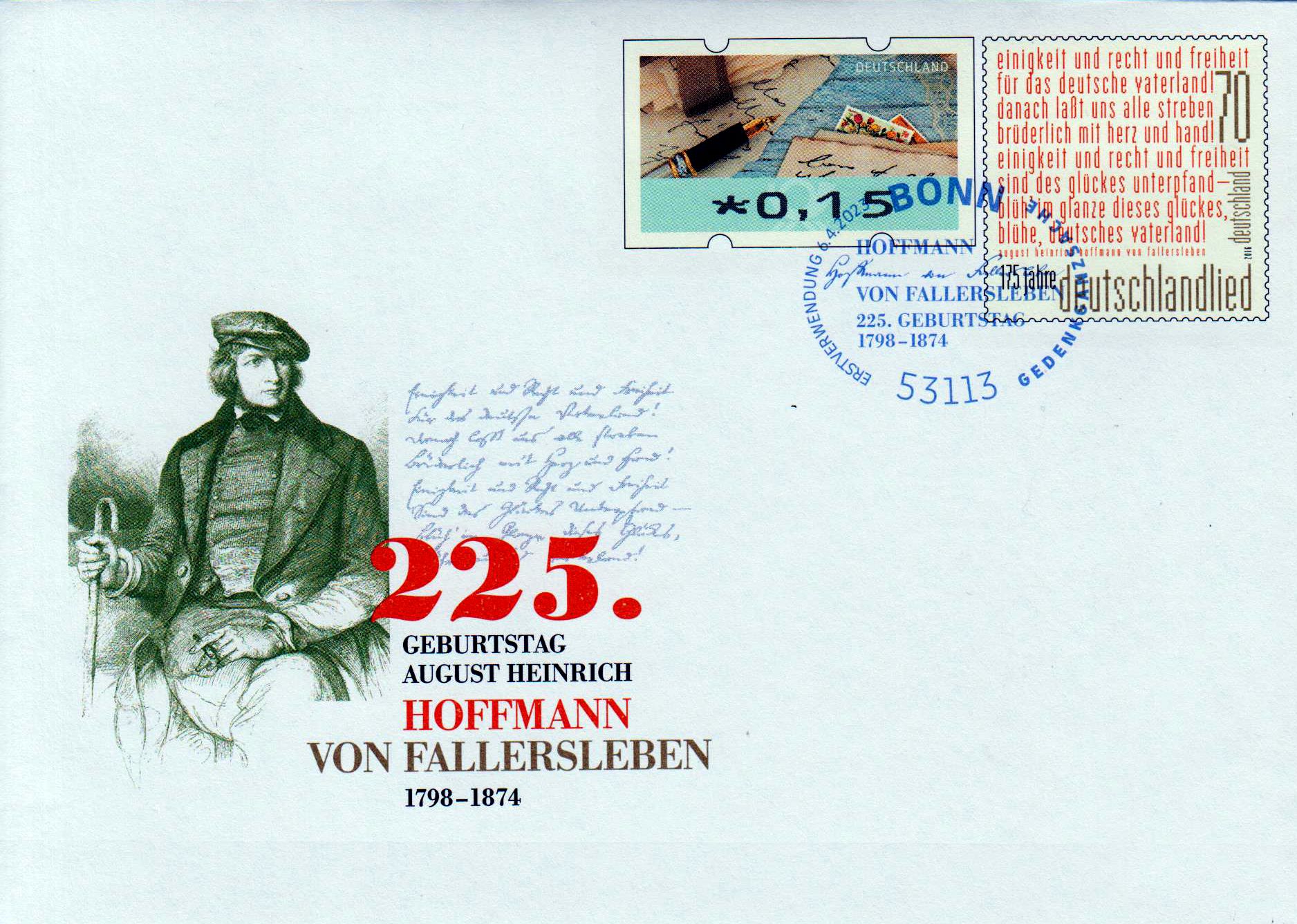 Hoffmann von Fallersleben 2023, mit Ertverwendungsstempel Bonn