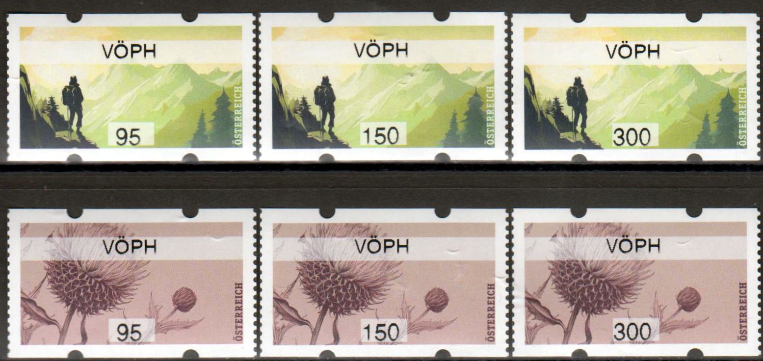 Sommer 2024, Berge, Blume, mit Aufdruck "VÖPH" (je 95/150/300 ct)