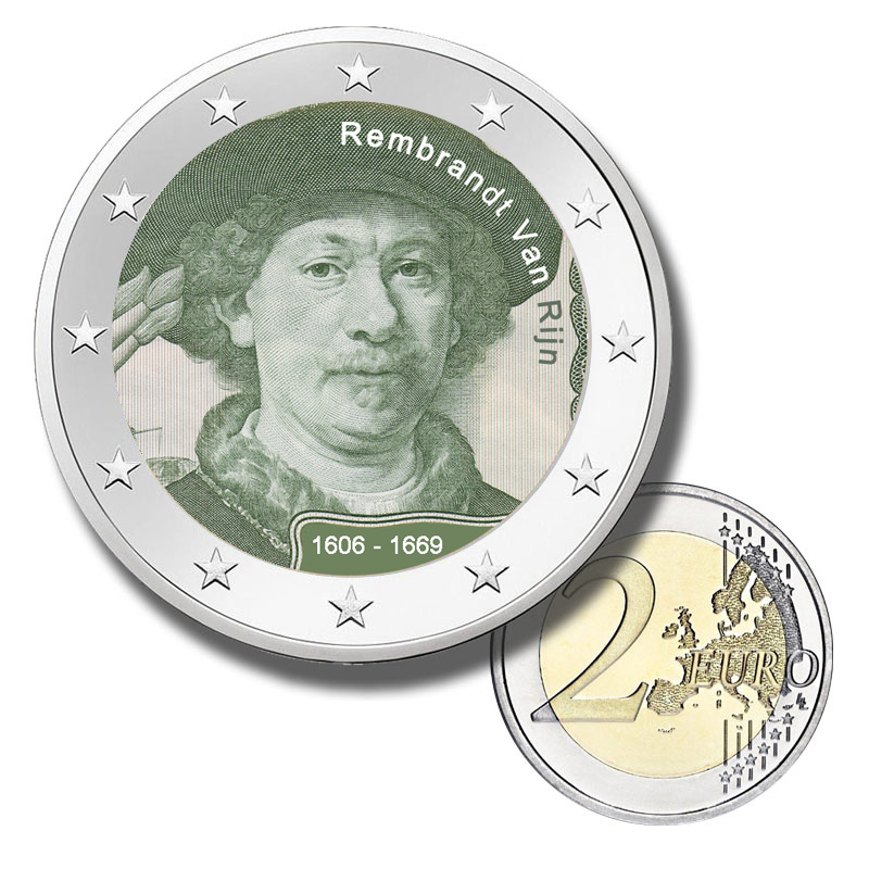 2 Euro Münze coloriert "Rembrandt van Rijn"