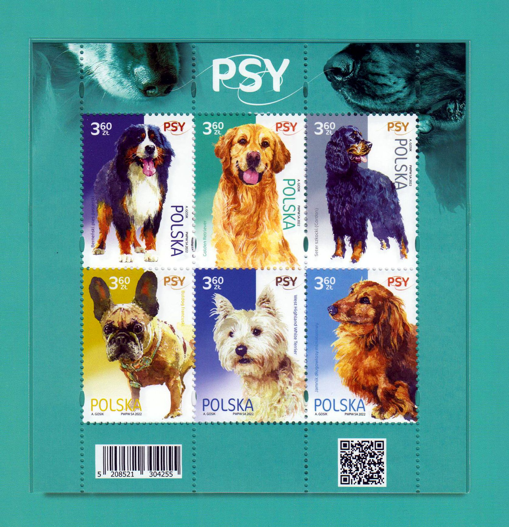 Block: Hunde 2022, gezähnt u. geschnitten, im Folder