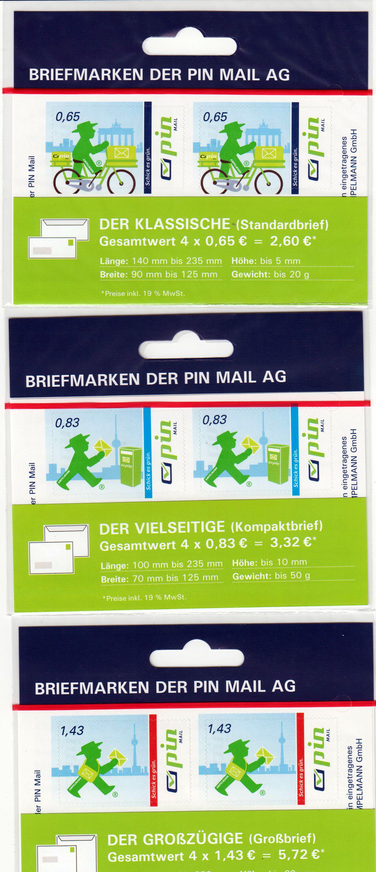 Ampelmännchen 2016, 4er-Bogen in Blister, von 65, 83 und 143 Cent Marken