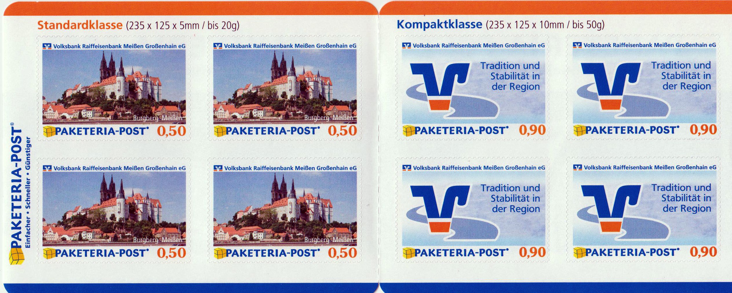 Burgberg Meißen und VB-Logo 2010, zu je 4 Marken a 50 und 90 Cent, mit PUNKT