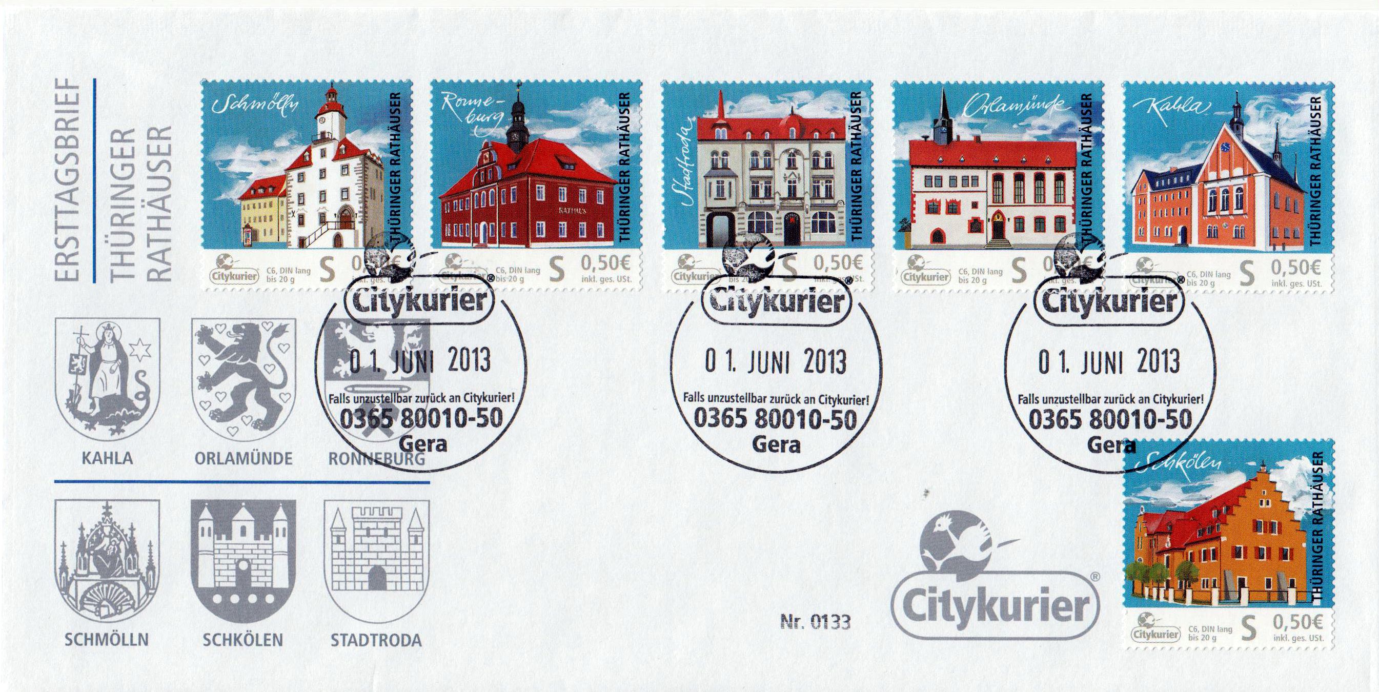 offizieller Ersttagsbrief "Thüringer Rathäuser II" 2013