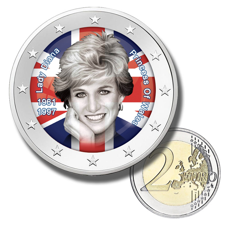 2 Euro Münze coloriert "Lady Diana -  Prinzessin von Wales"