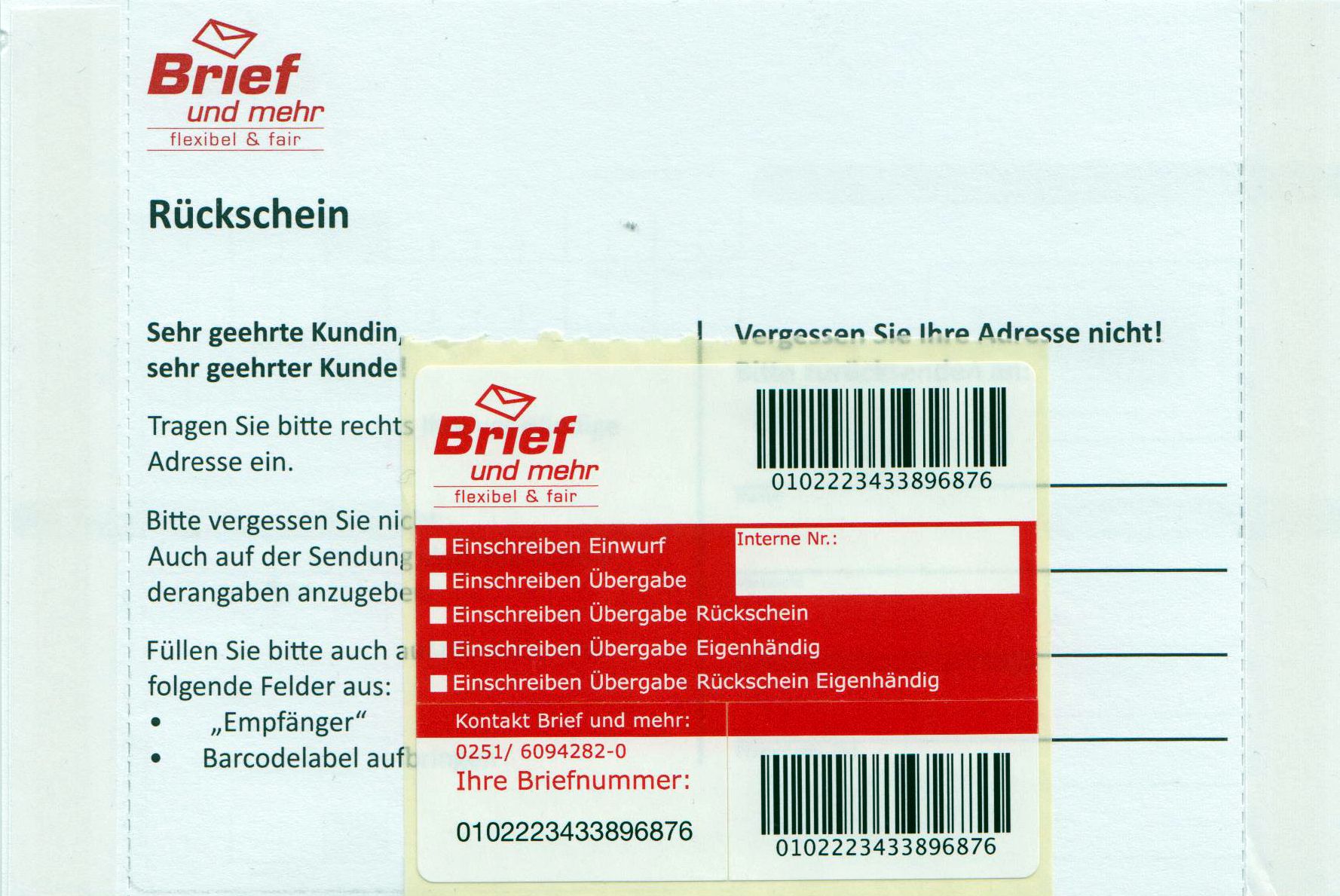 Einschreib-Label selbstklebend inkl. Rückschein, ungebraucht
