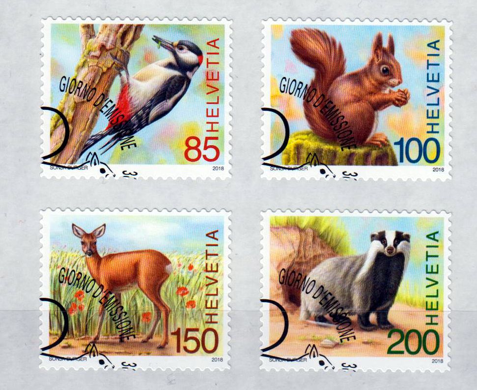 Tiere des Waldes, Reh, Eichhörnchen,   Specht, Marder, sk, gestempelt
