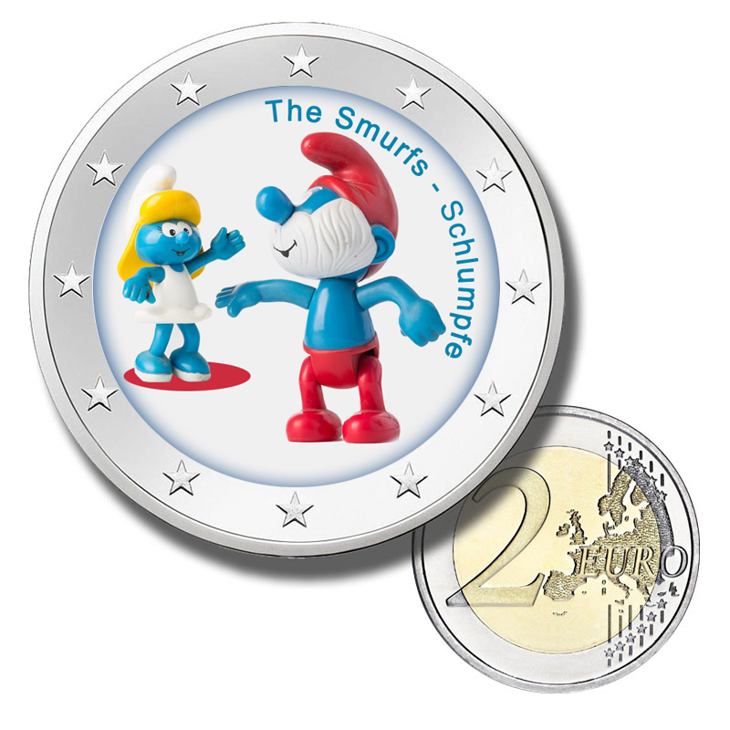 2 Euro Münze coloriert "Schlümpfe"