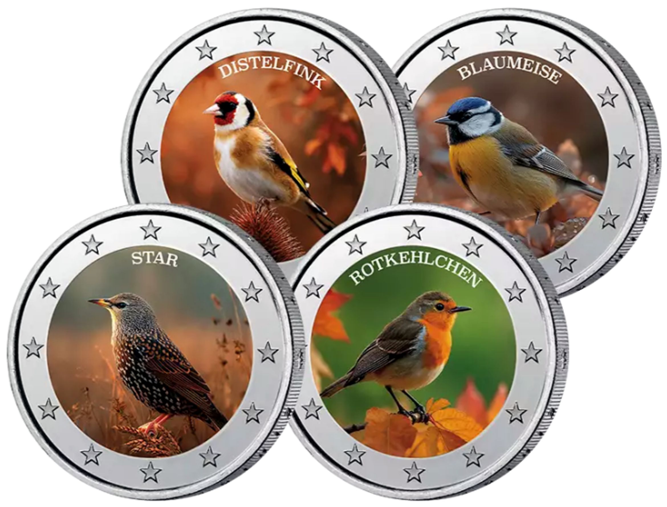 2 Euro Münzen coloriert "Heimische Vogelarten", Set zu 4 verschiedenen Farbapplikationen