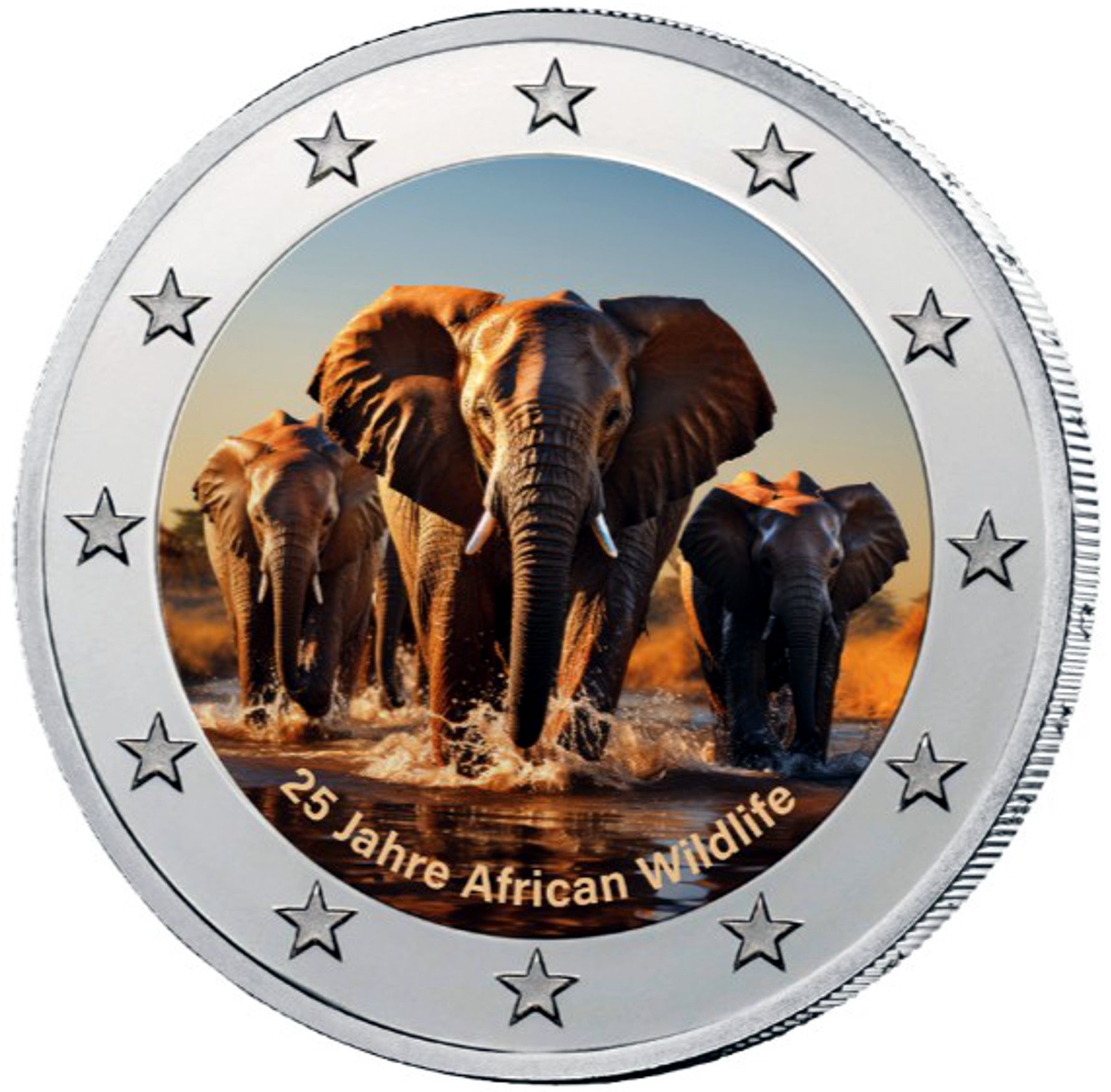 2 Euro Münze coloriert "African Wildlife, Elefanten"
