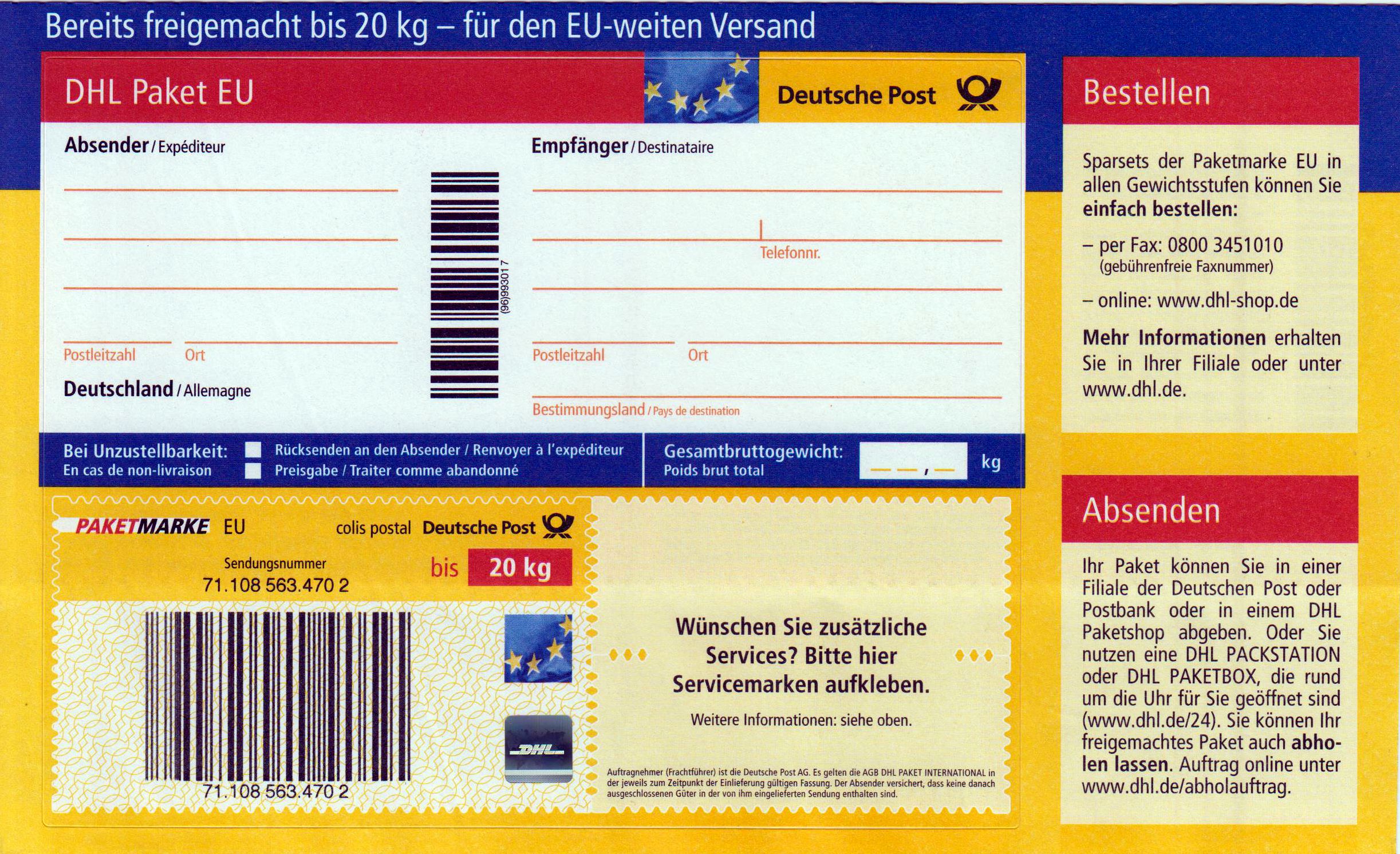 DHL Paket EU bis 20 kg 2018