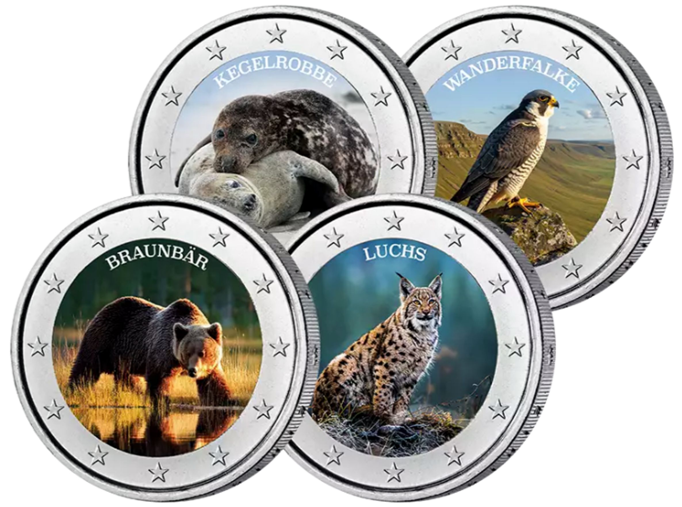 2 Euro Münzen coloriert "Europas Wildtiere", Set zu 4 verschiedenen Farbapplikationen
