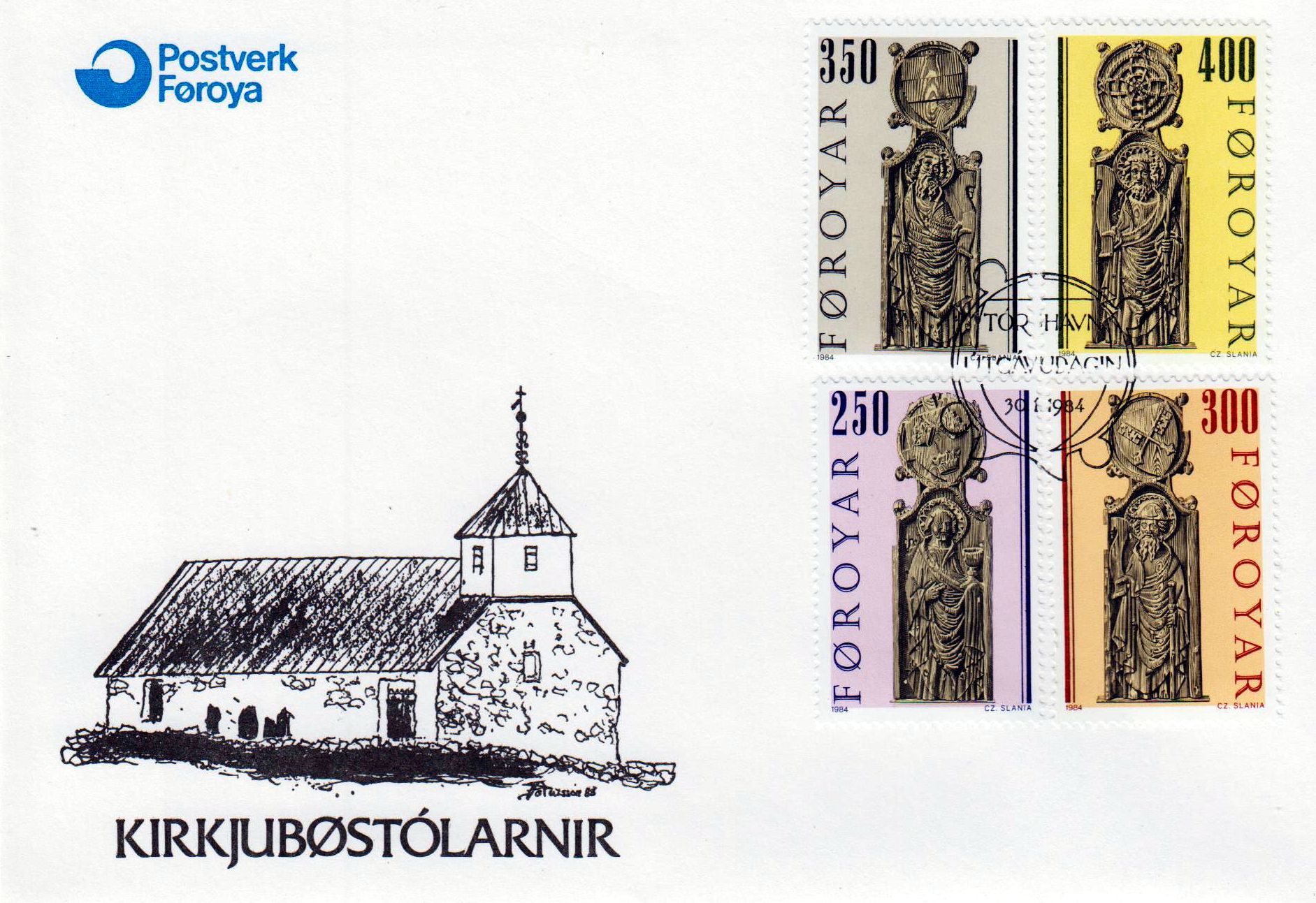 Kirchengestühlwangen: Olafkirche in Kirkjubour 1984
