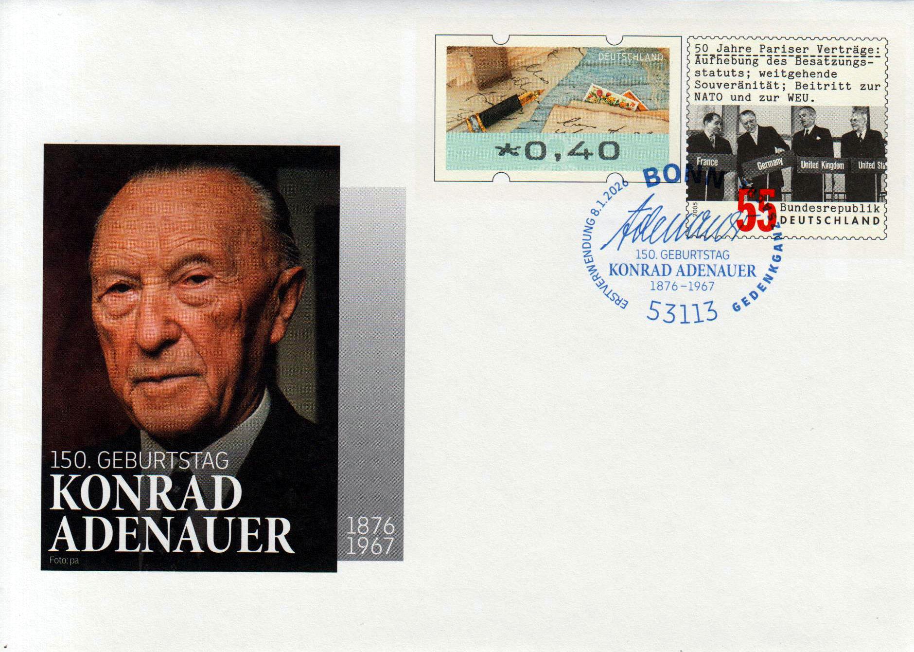 150. Geburtstag Konrad Adenauer 2026, mit Erstverwendungsstempel