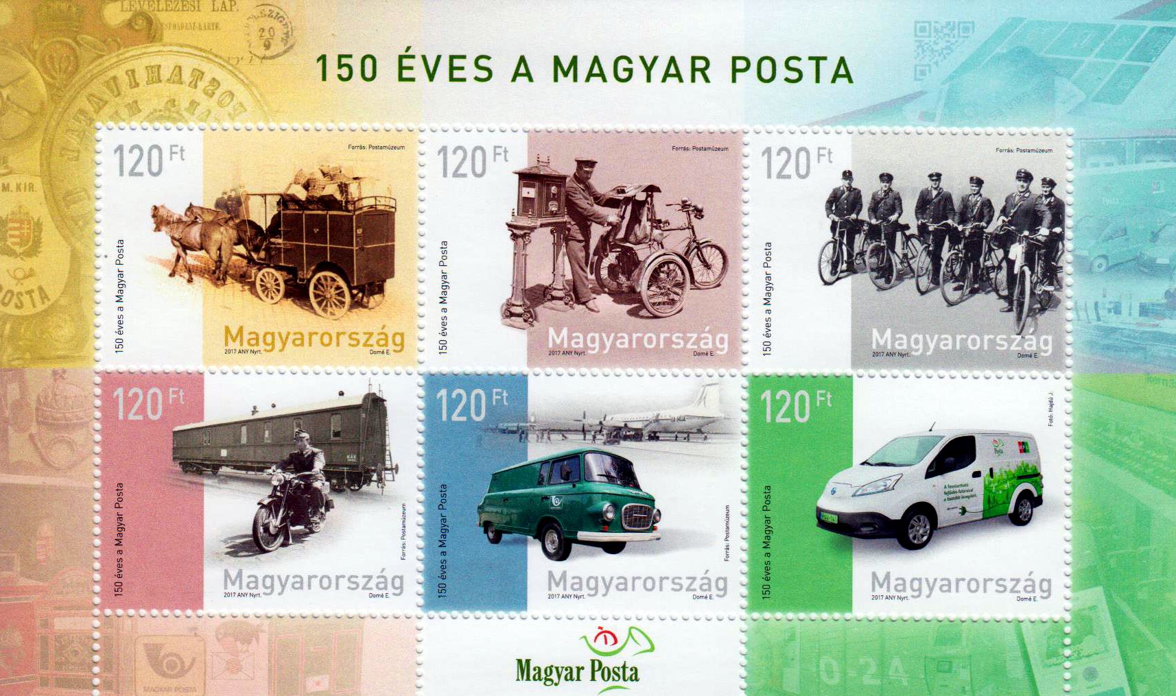 Block: Ungarische Post, Pferdekutsche, Auto, Fahrrad