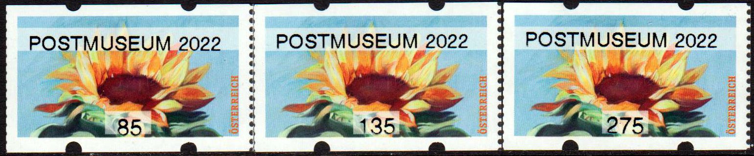 Sommer 2022, Sonnenblume mit Aufdruck "Postmuseum 2022"