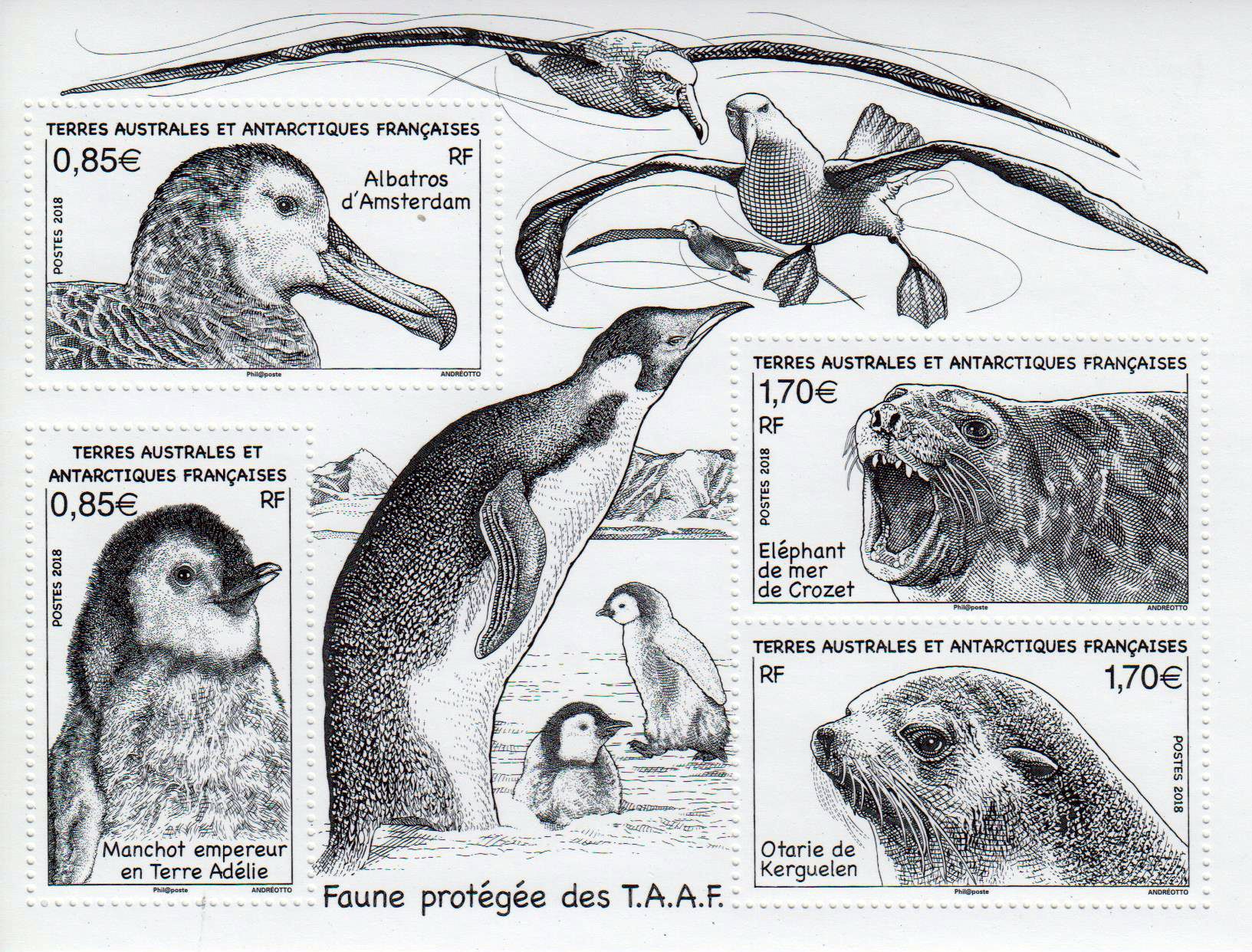 Block: Geschützte Tiere 2018, Möwe, Pinguin, Robbe