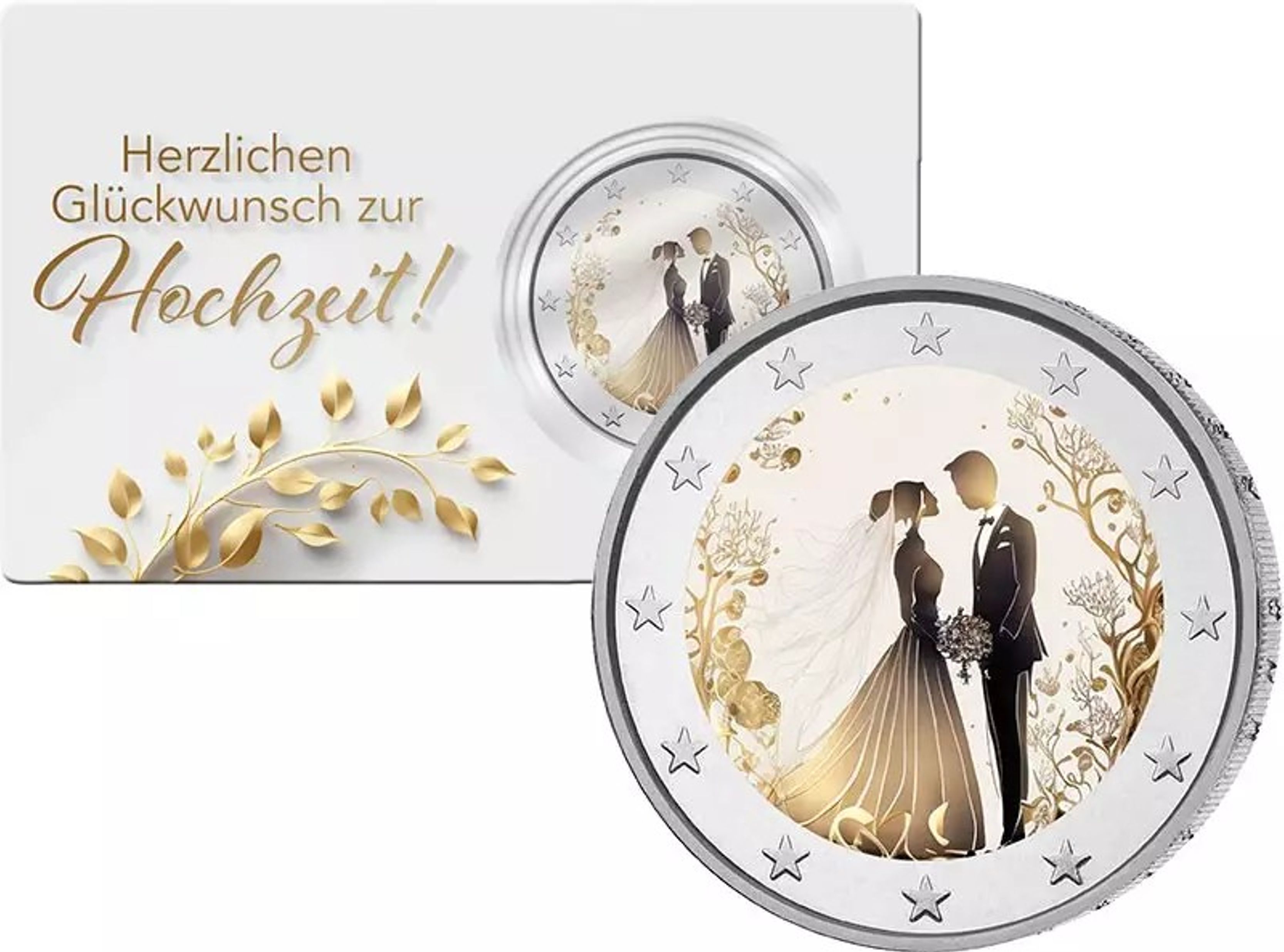 2 Euro Münze coloriert "Zur Hochzeit" in Coincard!