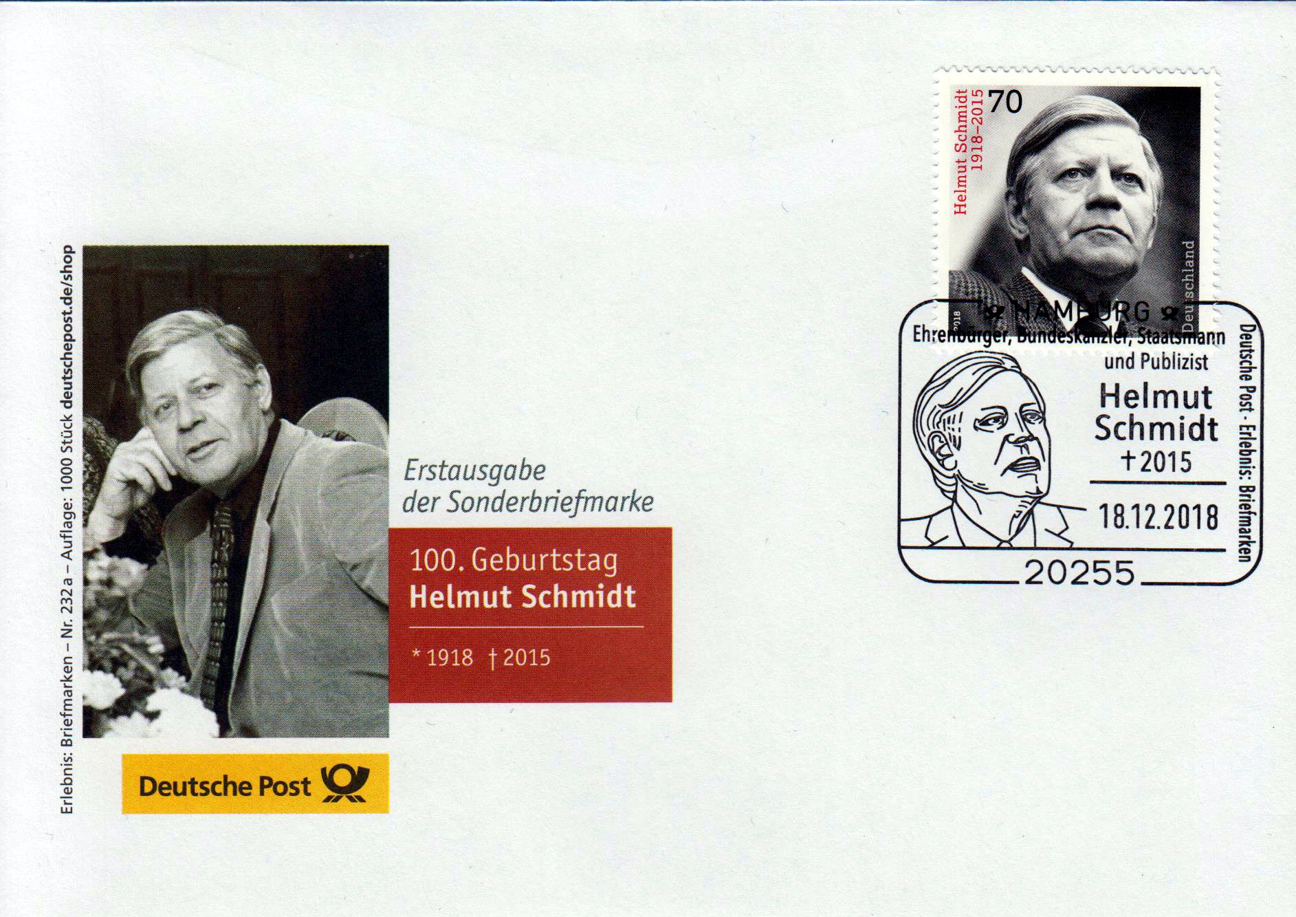 Nr. 232a: 100. Geburtstag Helmut Schmidt, mit SSt "Ehrenbürger, Bundeskanzler" 18.12.18