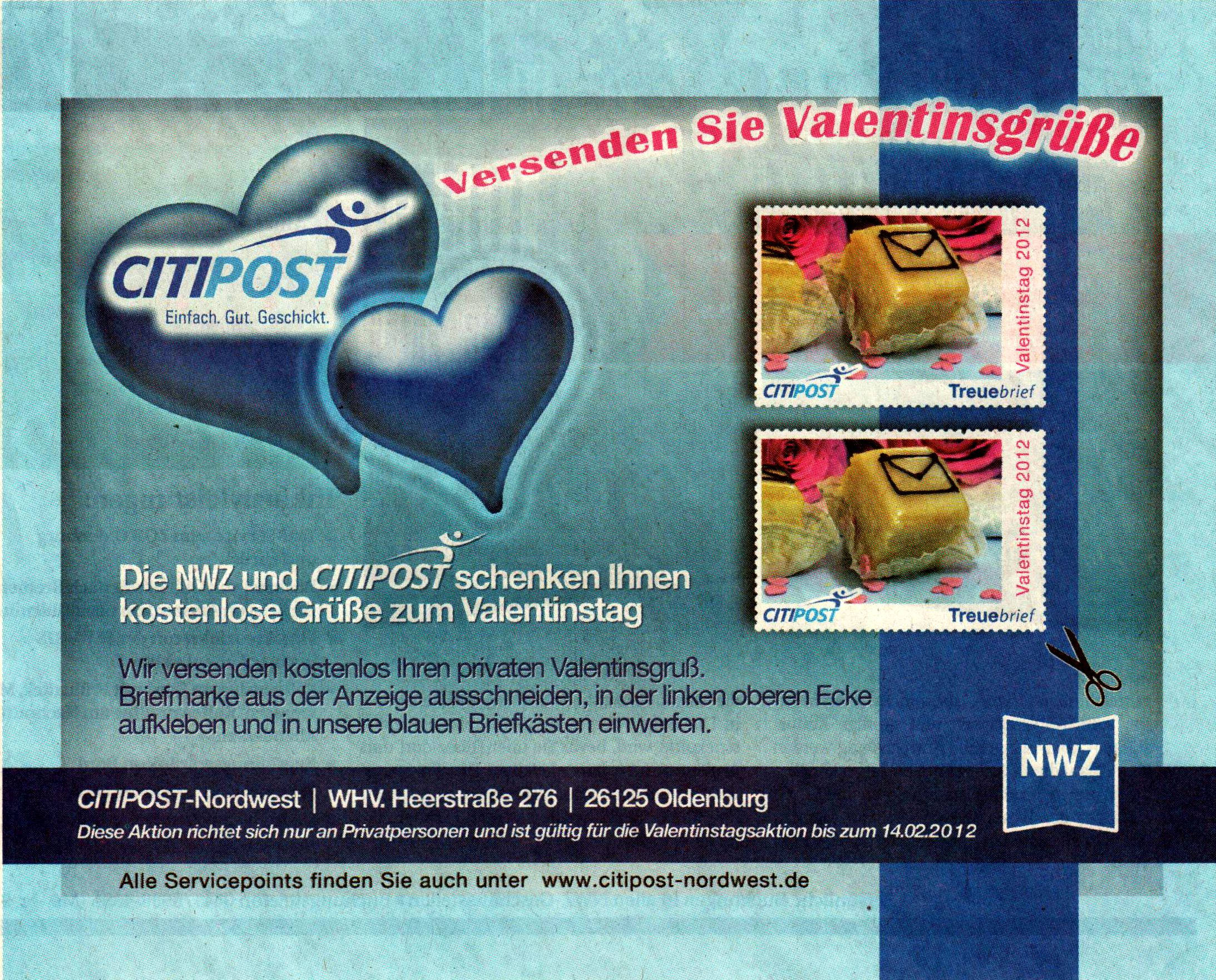 Komplette Annonce "Valentinstag 2012" zu zwei Marken postfrisch