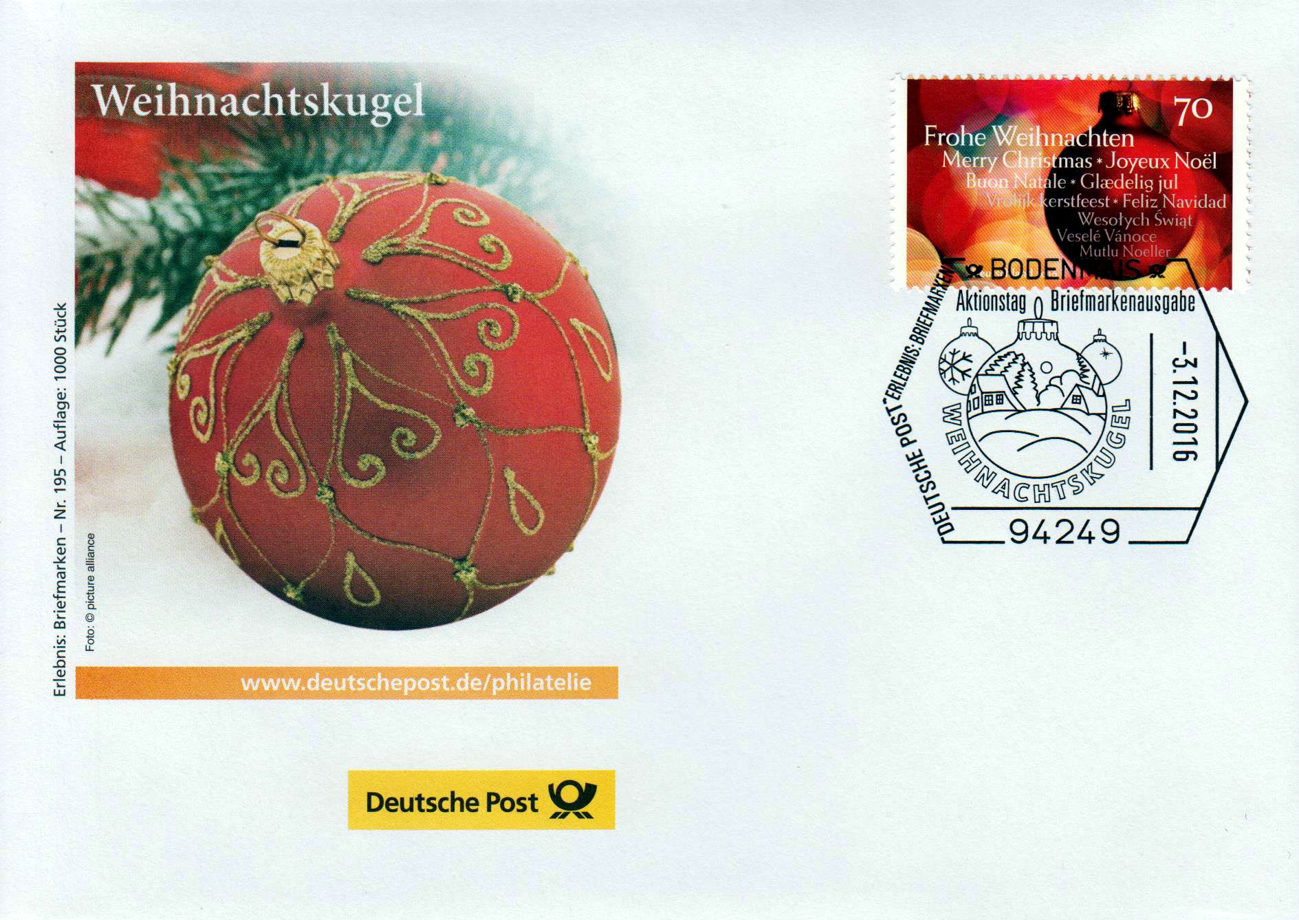 Nr. 195: Weihnachten 2016, Christbaum- kugel, SSt "Bodenmais"
