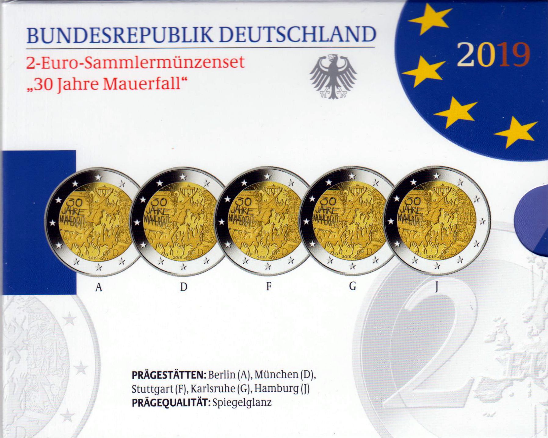 2 Euro Sammlermünzenset "Mauerfall" 2019 mit allen 5 Münzen ADFGJ in Spiegelglanz