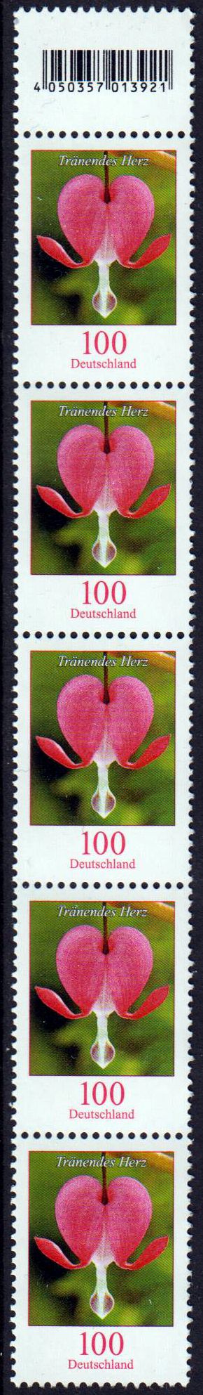 Dauer Blume, Tränendes Herz, 100er, 5er-Streifen mit anhäng. Codemarke