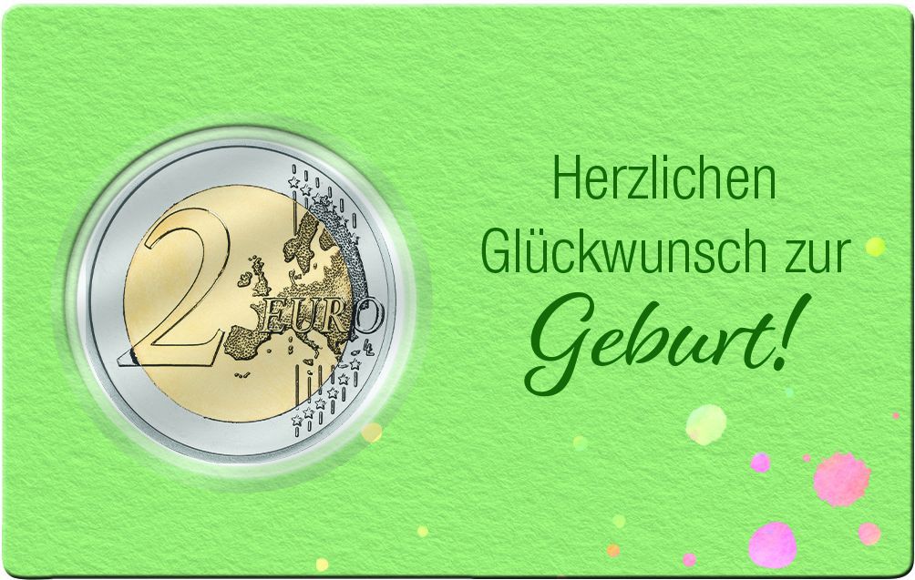 2 Euro Münze coloriert "Zur Geburt" in Coincard!