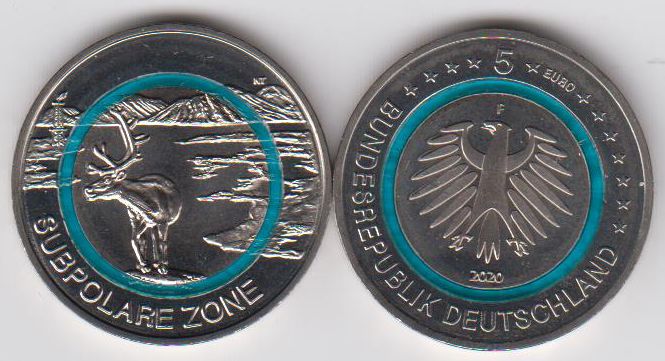 5 Euro Münze Subpolare Zone 2020, mit türkisem Polymerring, bankfrisch