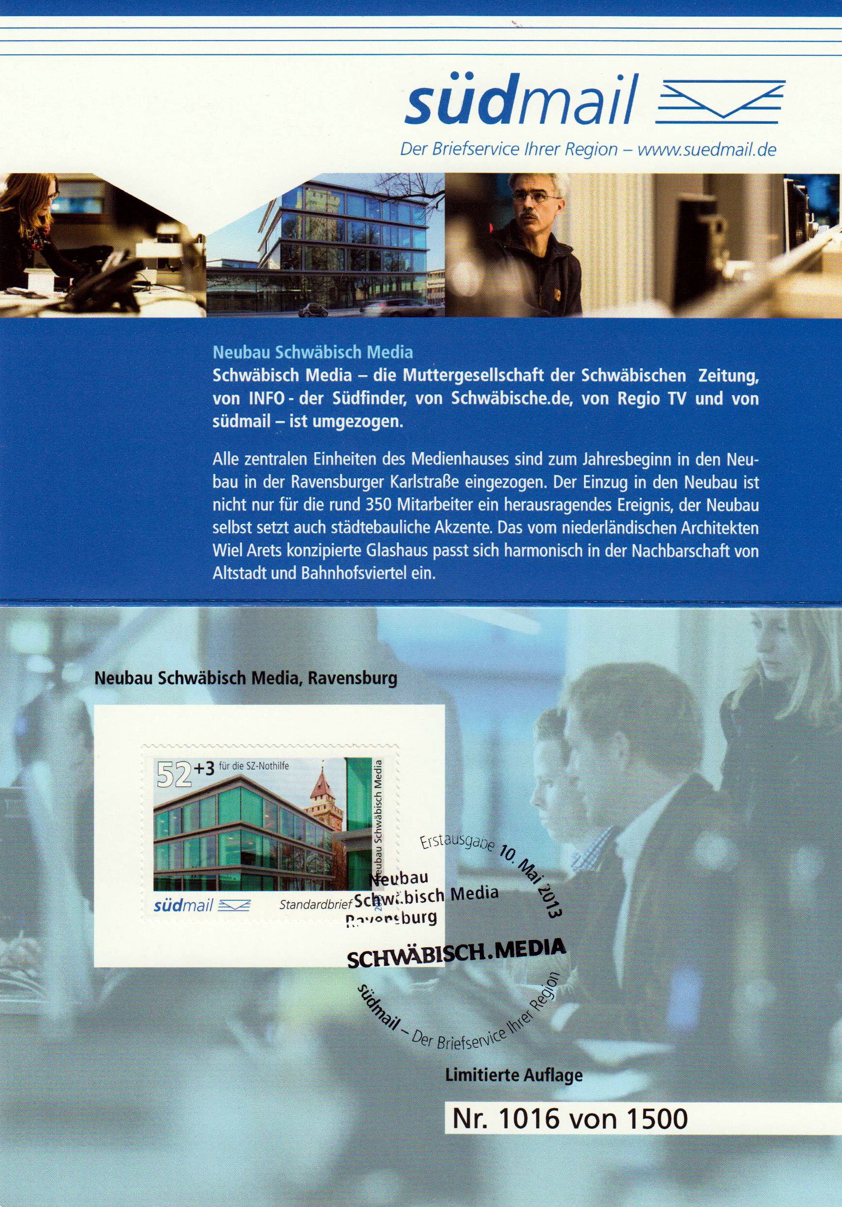 Neubau Schwäbisch Media 2013 sk, offizielle Ersttags-Klappkarte