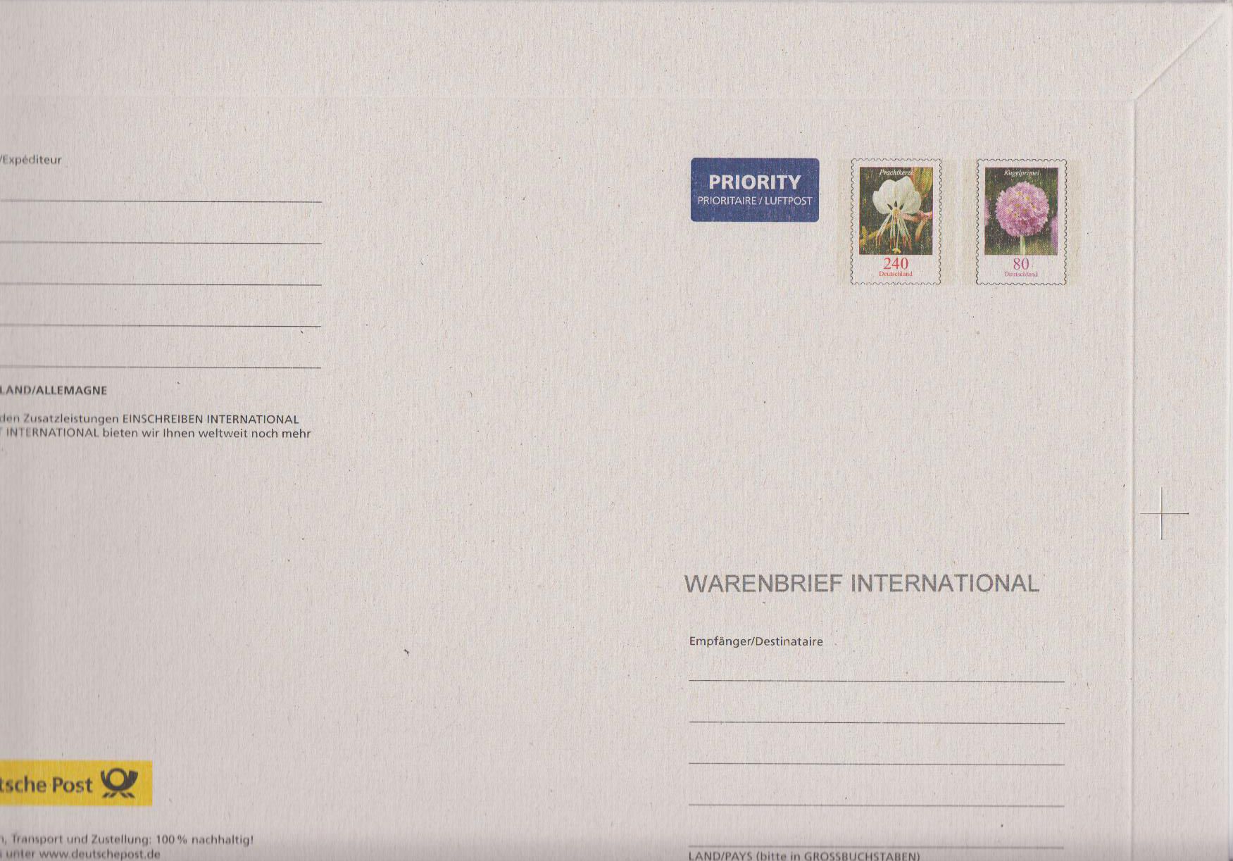 Warenpack L Nachhaltigkeit, 240+80 ct, mit Zollinhaltserklärung auf Rückseite (349x249mm)