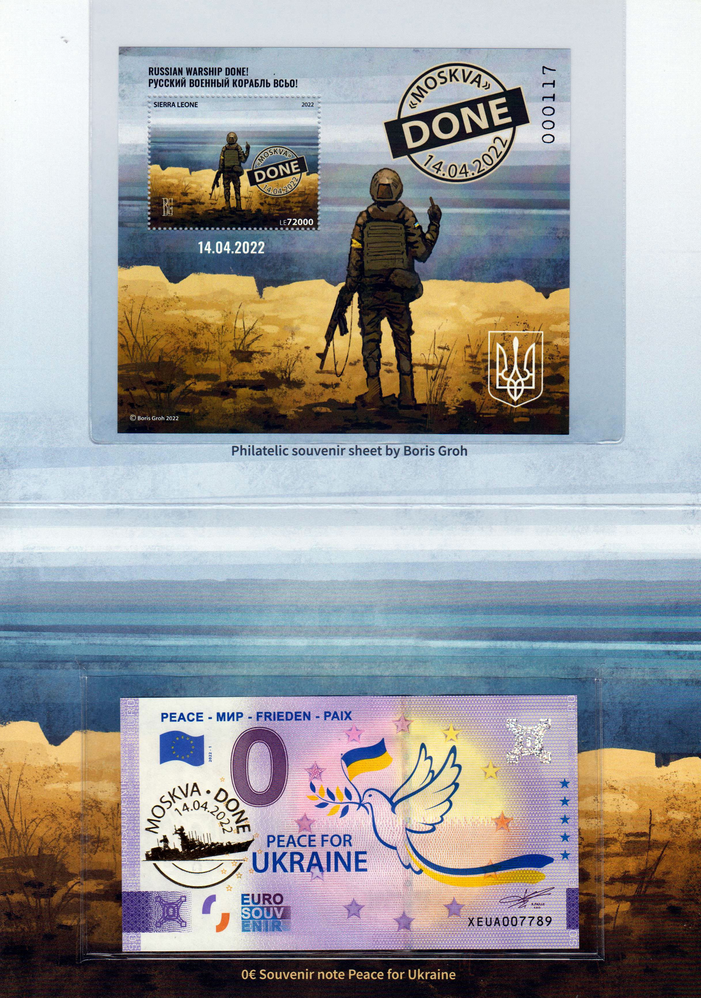 Folder: Russian Warship, DONE, inkl. Schein "Peace Ukraine 2022-1" mit Goldaufdruck und postfrischem Block Sierra Leone